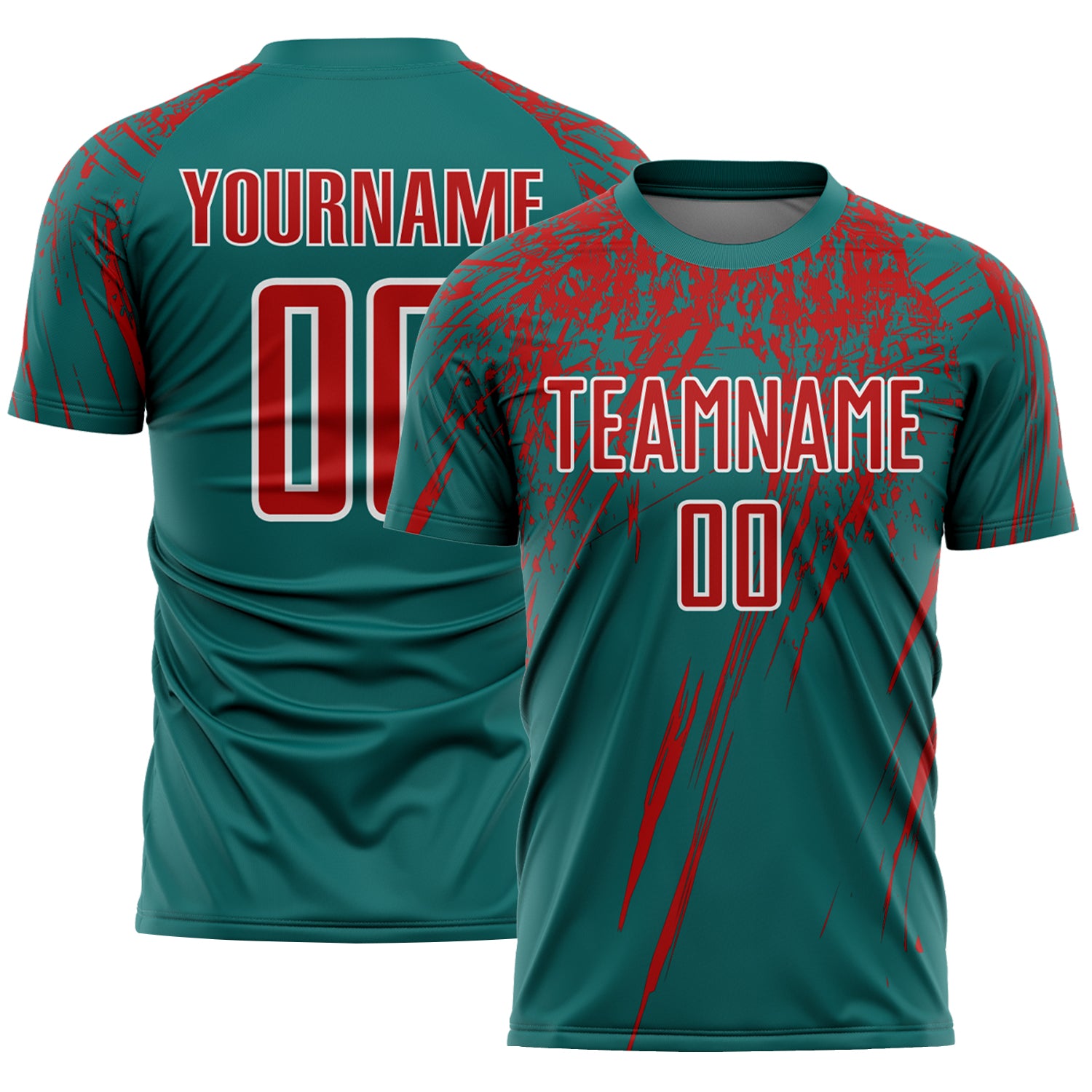 Custom Teal Red-White Splash Sports Sublimation Soccer Uniform Jersey