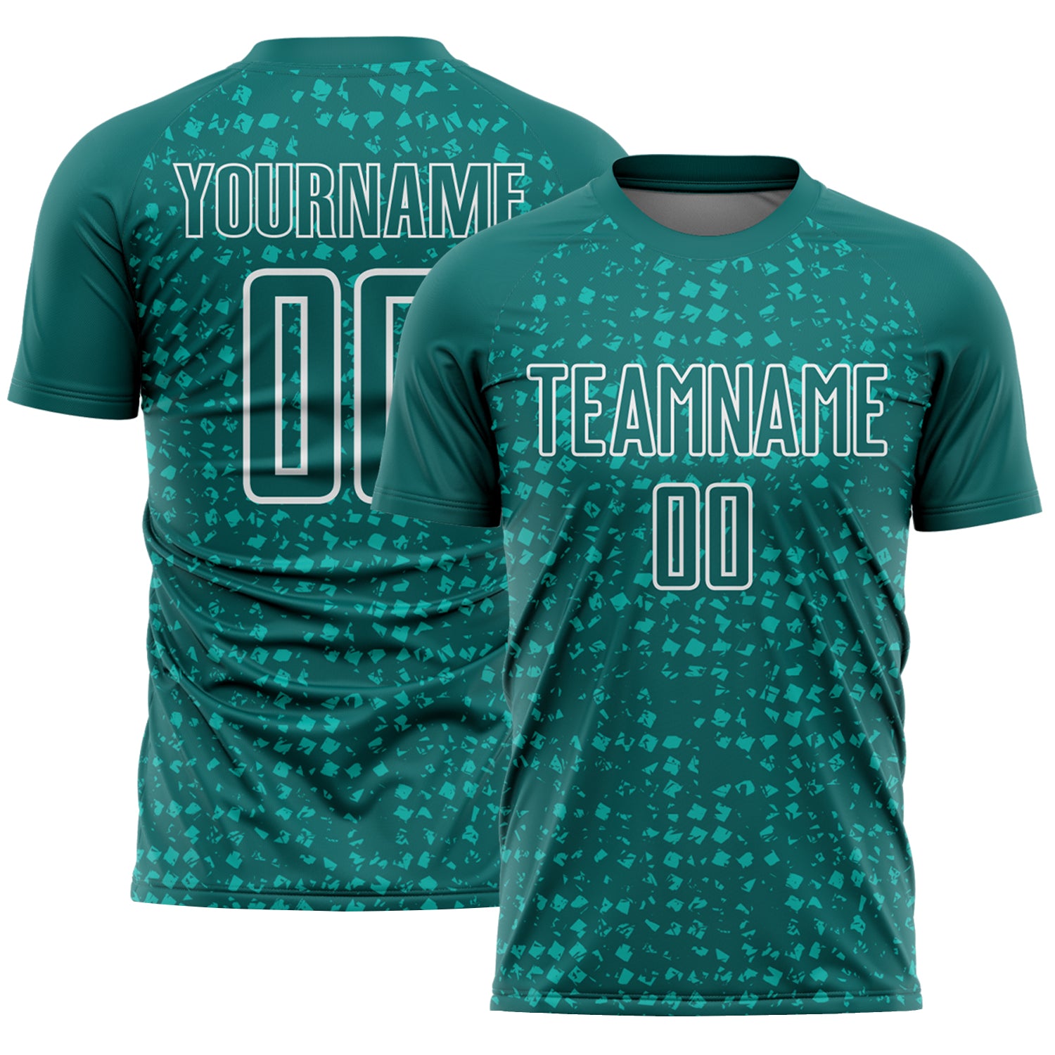 Custom Teal White-Aqua Digital Geometric Fragment Speckles Sublimation Soccer Uniform Jersey