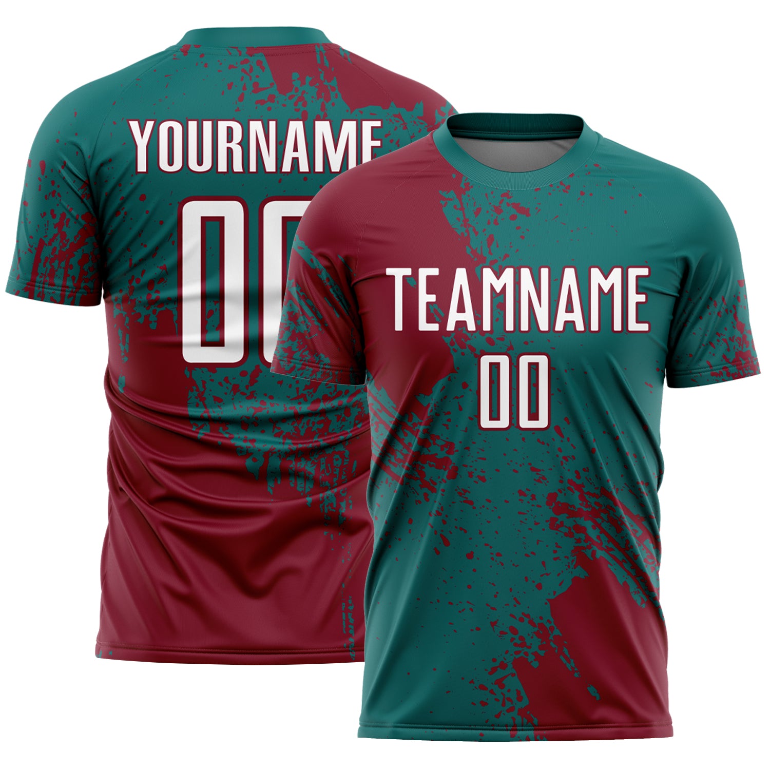 Custom Teal White-Crimson Abstract Brush Stroke Sports Sublimation Soccer Uniform Jersey