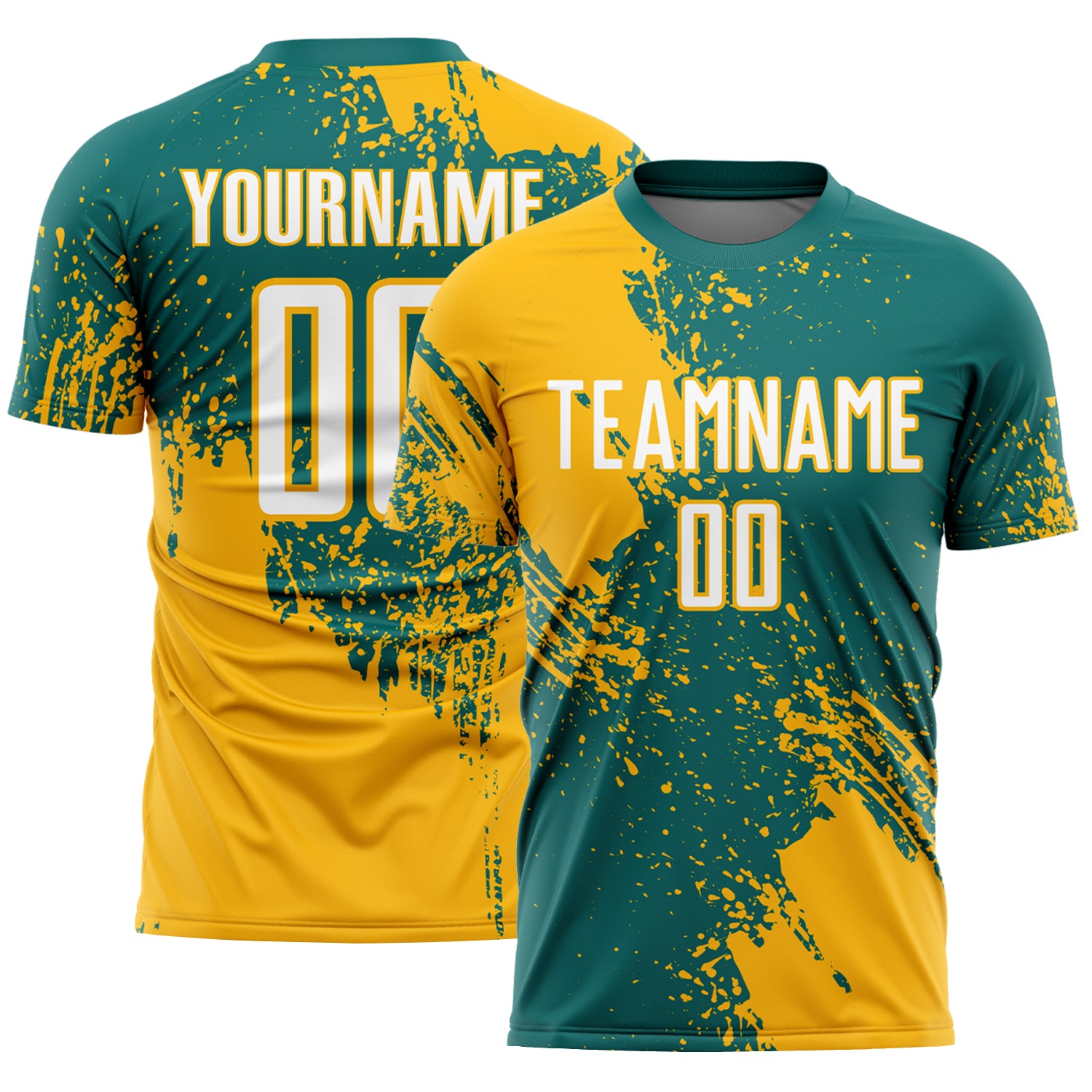 Custom Teal White-Gold Abstract Brush Stroke Sports Sublimation Soccer Uniform Jersey