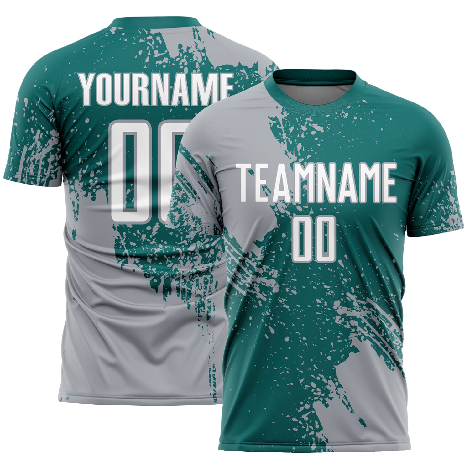 Custom Teal White-Gray Abstract Brush Stroke Sports Sublimation Soccer Uniform Jersey