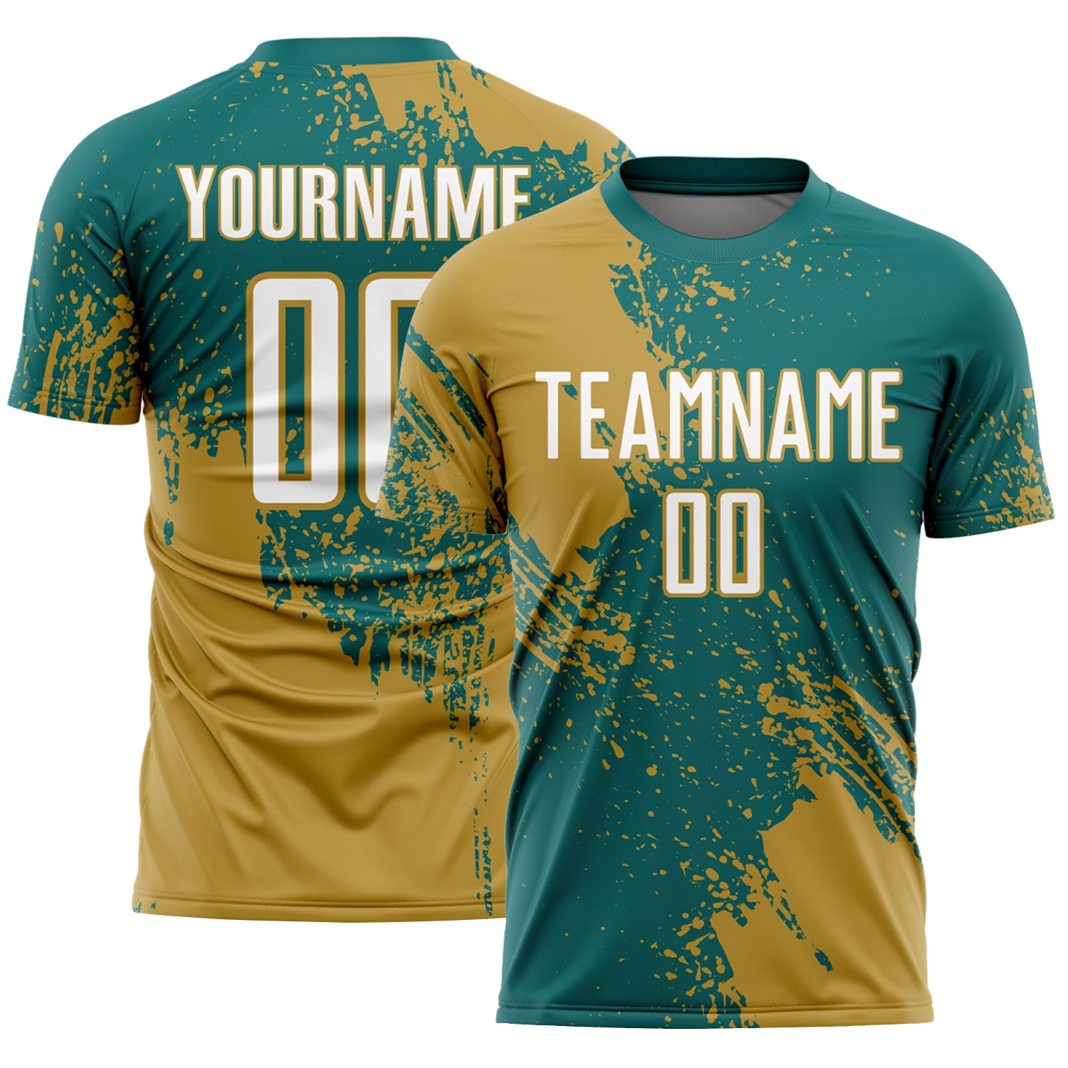 Custom Teal White-Old Gold Abstract Brush Stroke Sports Sublimation Soccer Uniform Jersey