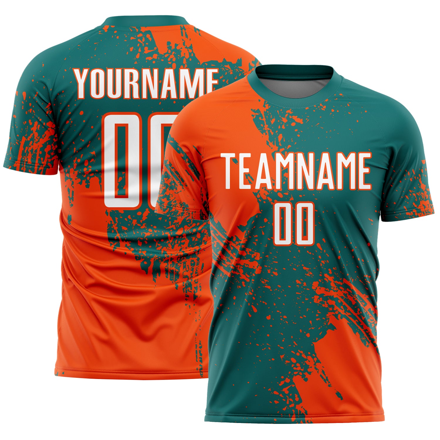 Custom Teal White-Orange Abstract Brush Stroke Sports Sublimation Soccer Uniform Jersey