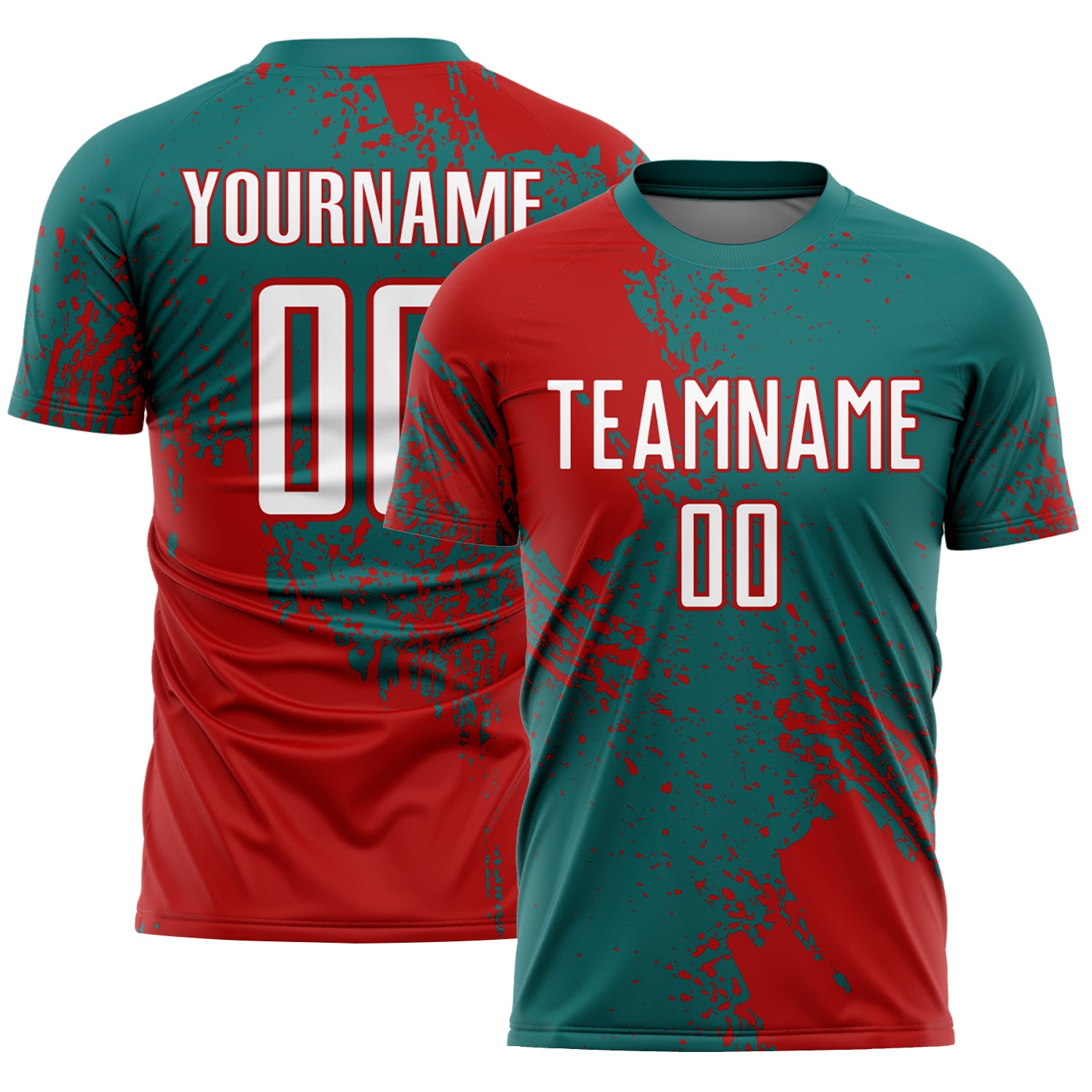 Custom Teal White-Red Abstract Brush Stroke Sports Sublimation Soccer Uniform Jersey