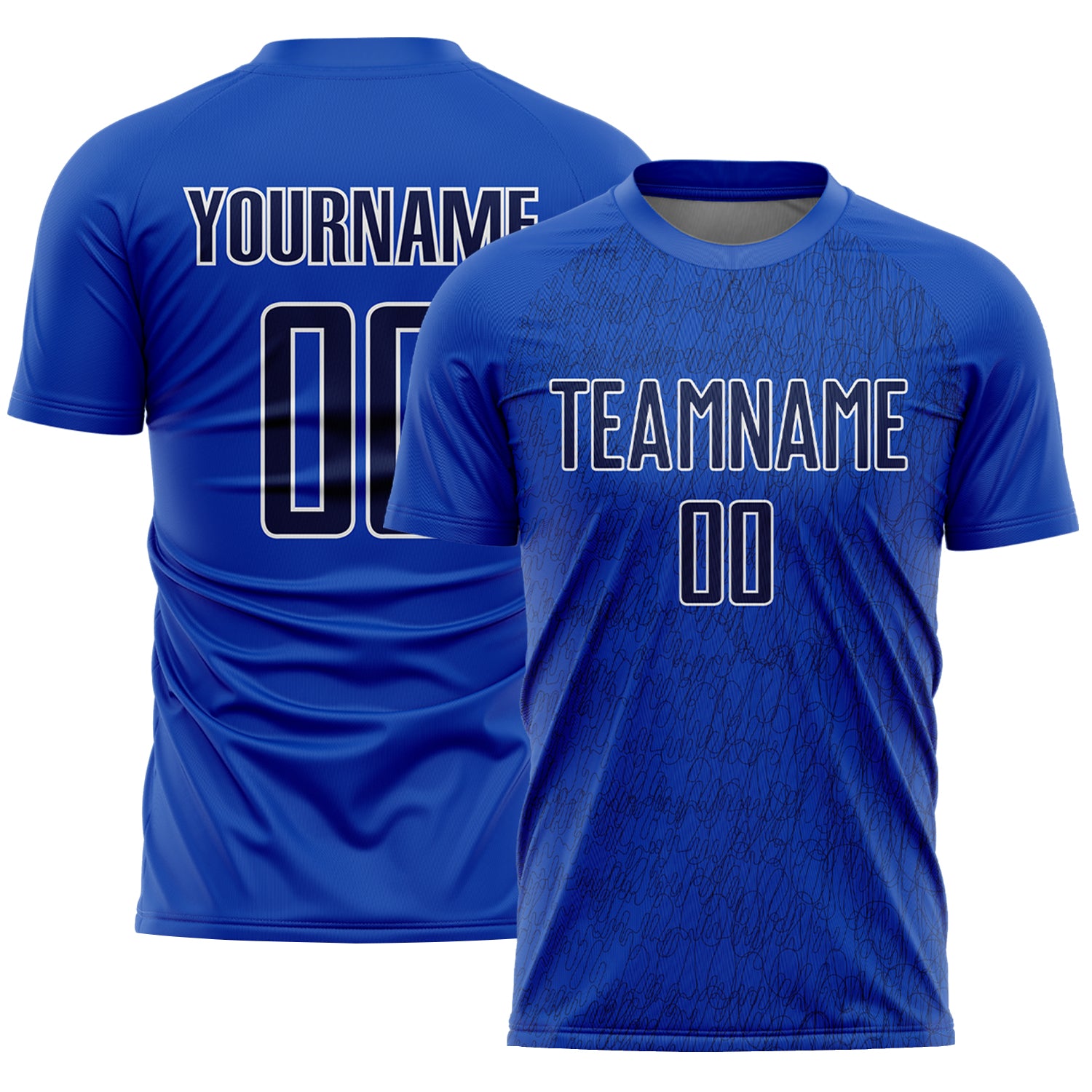Custom Thunder Blue Navy-White Abstract Scribble Curve Line Pattern Sports Sublimation Soccer Uniform Jersey