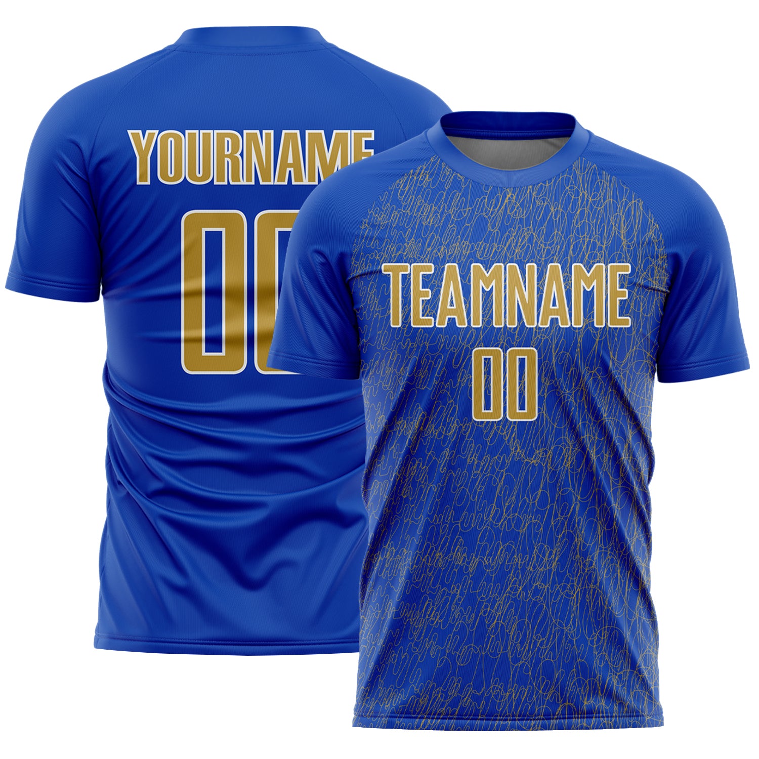 Custom Thunder Blue Old Gold-White Abstract Scribble Curve Line Pattern Sports Sublimation Soccer Uniform Jersey