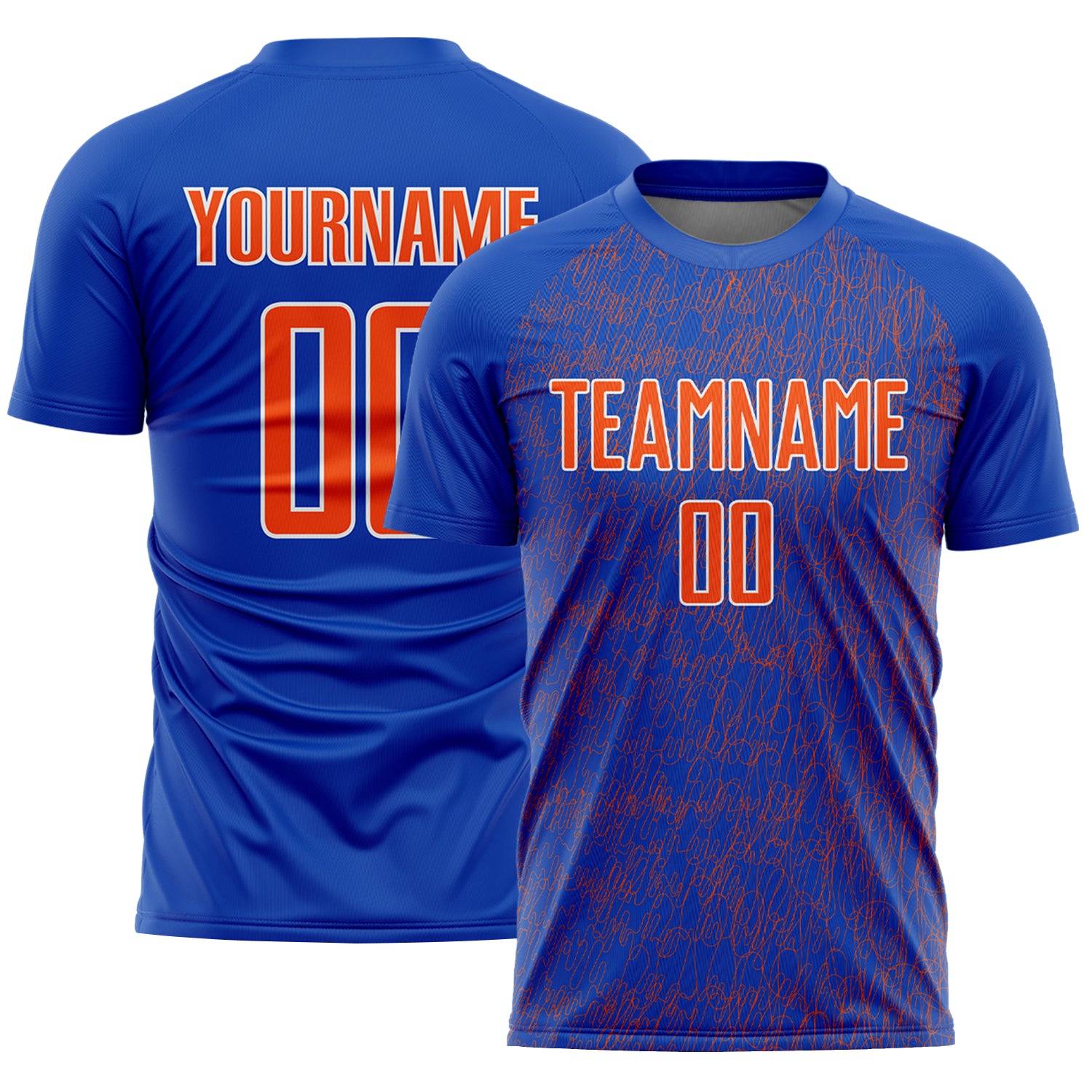 Custom Thunder Blue Orange-White Abstract Scribble Curve Line Pattern Sports Sublimation Soccer Uniform Jersey