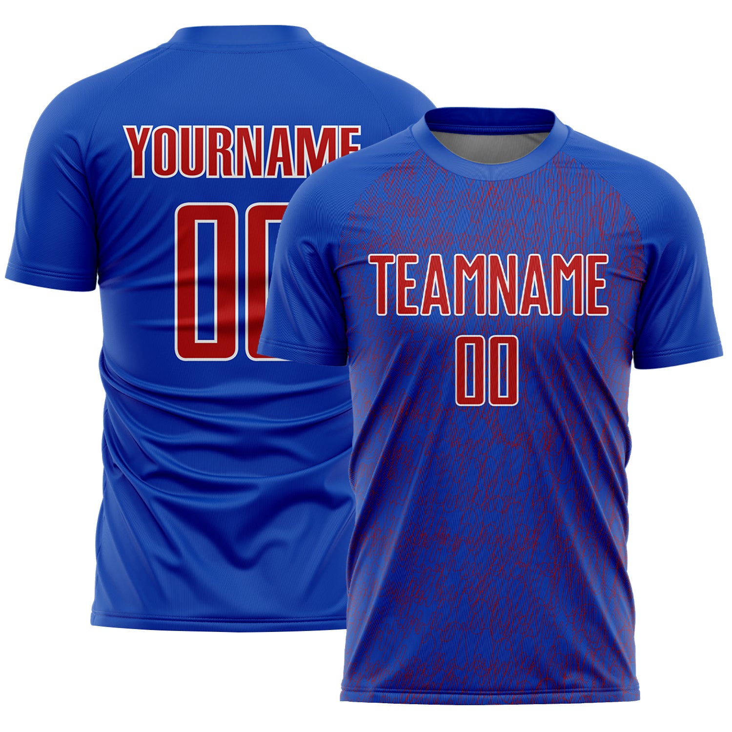Custom Thunder Blue Red-White Abstract Scribble Curve Line Pattern Sports Sublimation Soccer Uniform Jersey