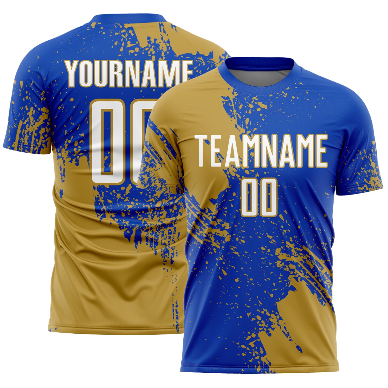 Custom Thunder Blue White-Old Gold Abstract Brush Stroke Sports Sublimation Soccer Uniform Jersey