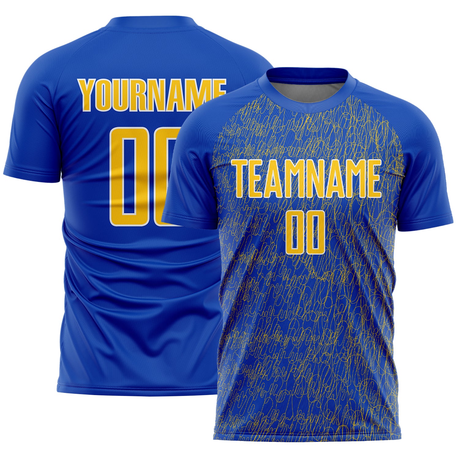 Custom Thunder Blue Yellow-White Abstract Scribble Curve Line Pattern Sports Sublimation Soccer Uniform Jersey