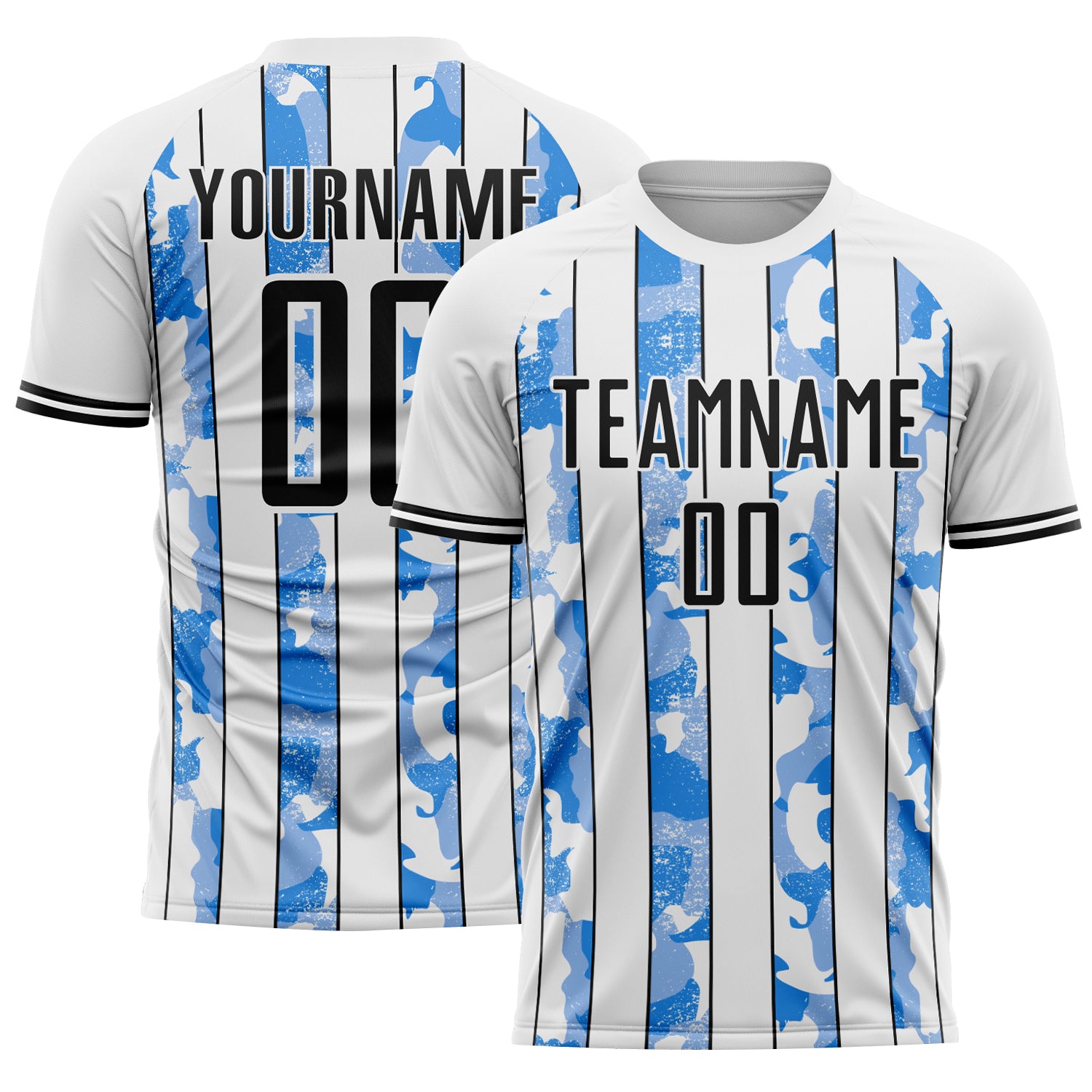Custom White Black-Light Blue Camo Stripe Sports Sublimation Soccer Uniform Jersey