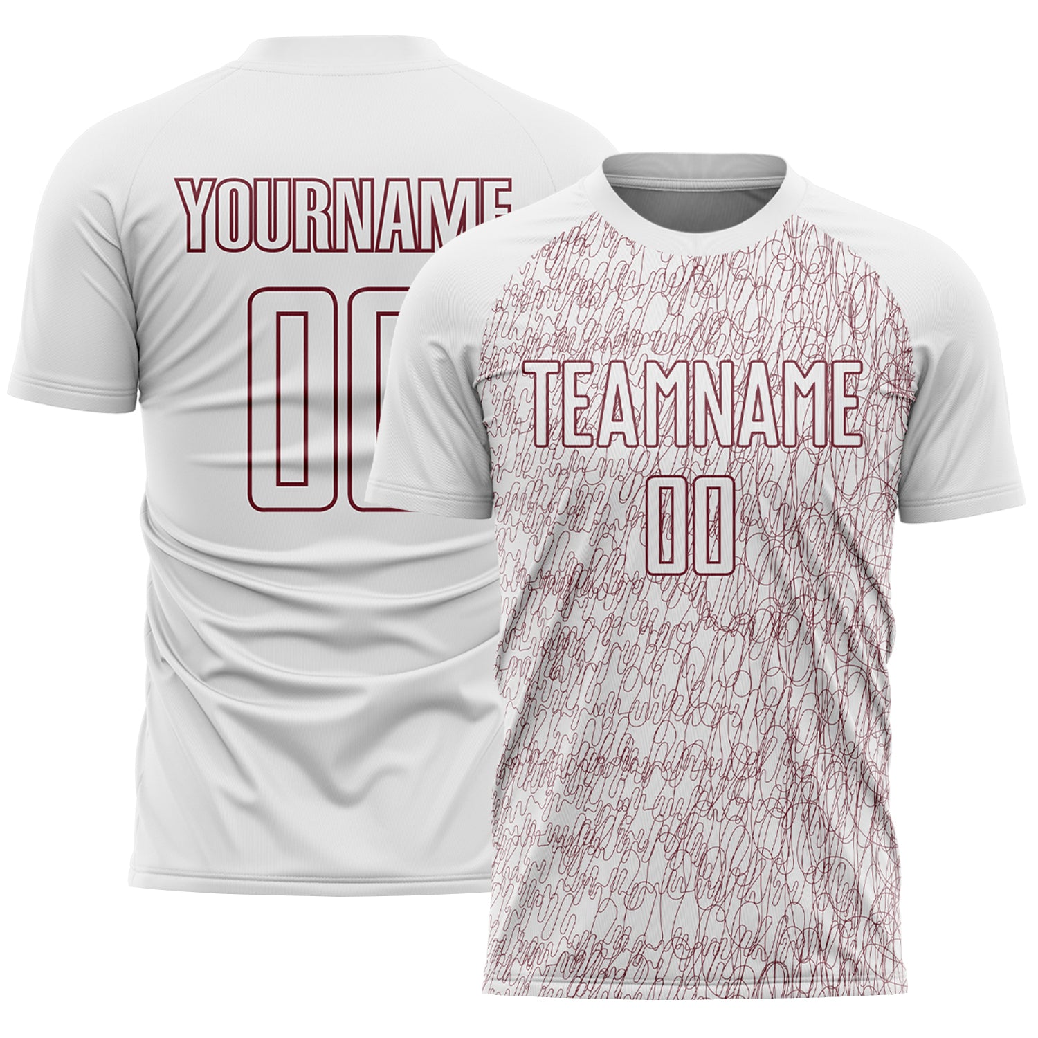 Custom White Burgundy Abstract Scribble Curve Line Pattern Sports Sublimation Soccer Uniform Jersey