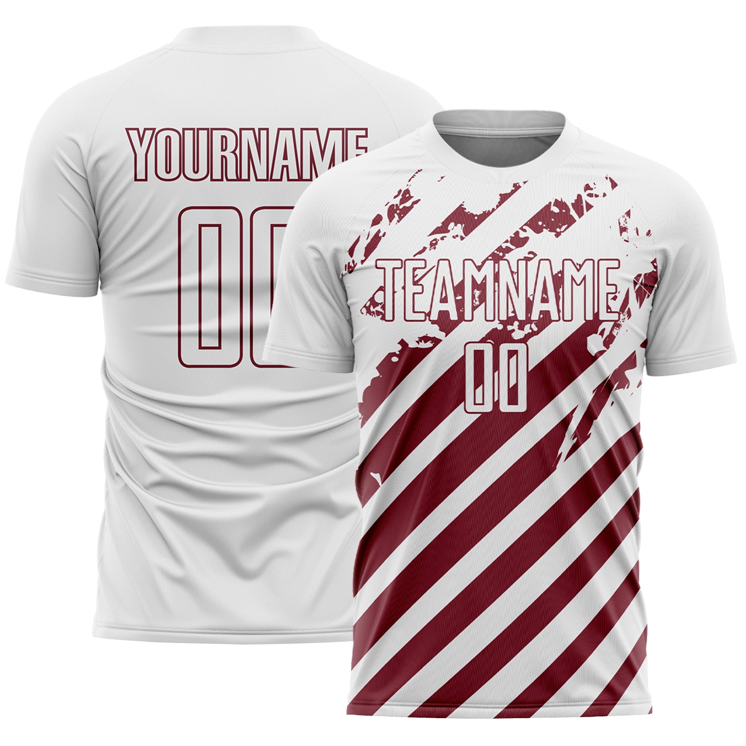 Custom White Burgundy Distressed Diagonal Stripe Pattern Sports Sublimation Soccer Uniform Jersey