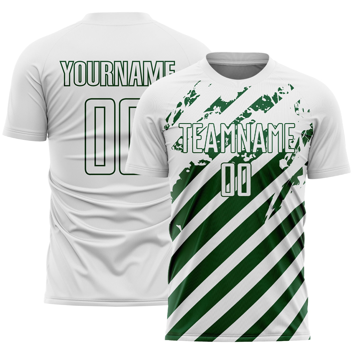 Custom White Green Distressed Diagonal Stripe Pattern Sports Sublimation Soccer Uniform Jersey
