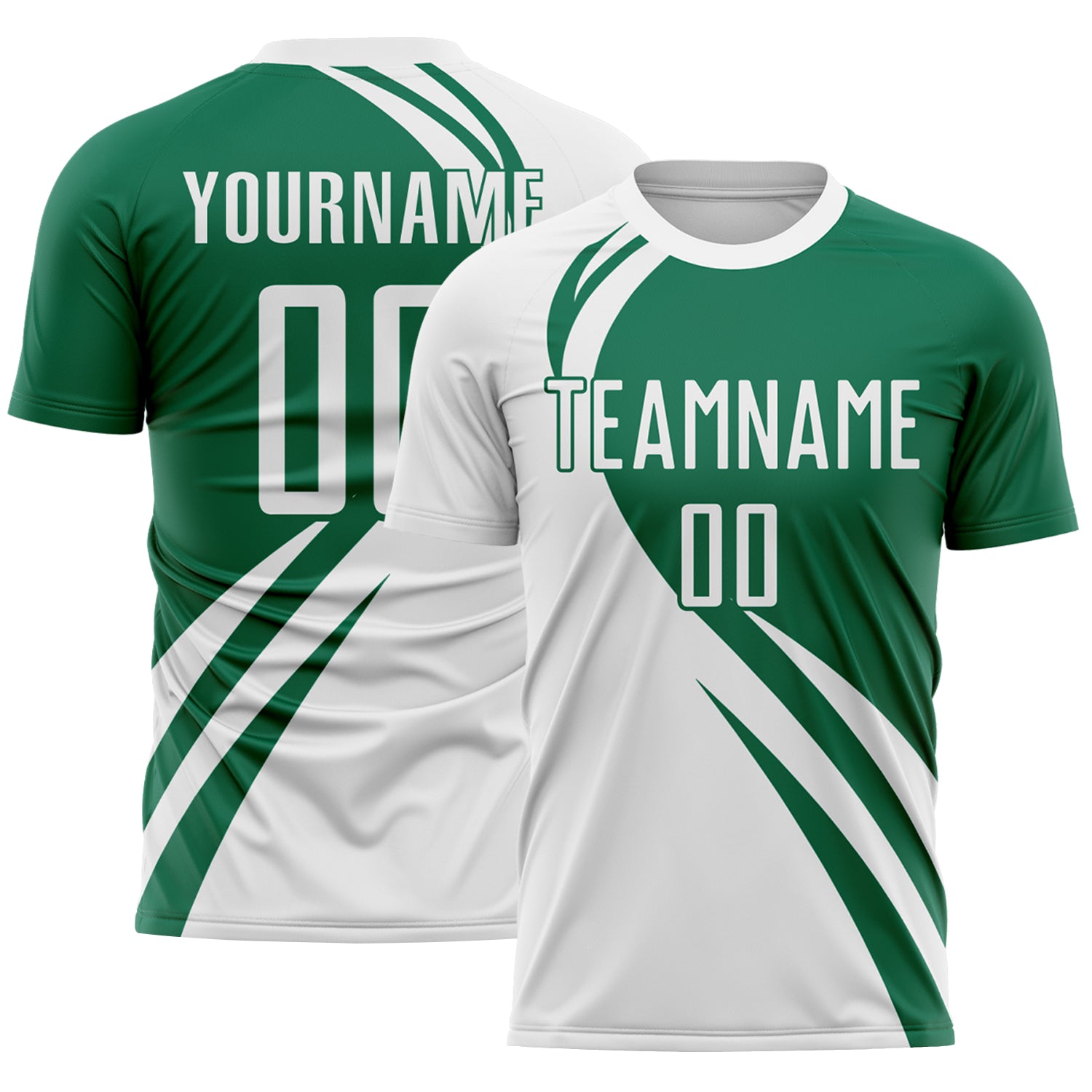 Custom White Kelly Green Diagonal Streamline Color Block Swirl Curve Lines Sublimation Soccer Uniform Jersey