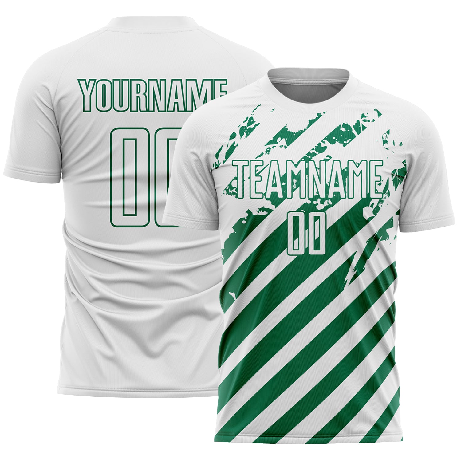 Custom White Kelly Green Distressed Diagonal Stripe Pattern Sports Sublimation Soccer Uniform Jersey