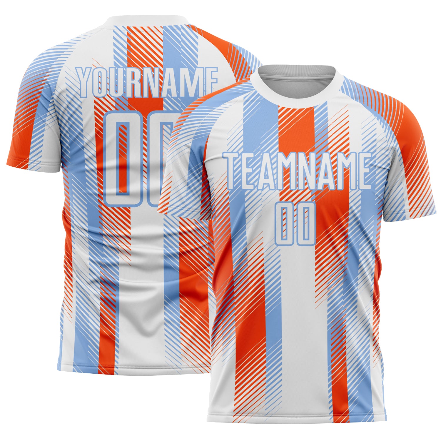 Custom White Light Blue-Orange Diagonal Stripe Sports Sublimation Soccer Uniform Jersey