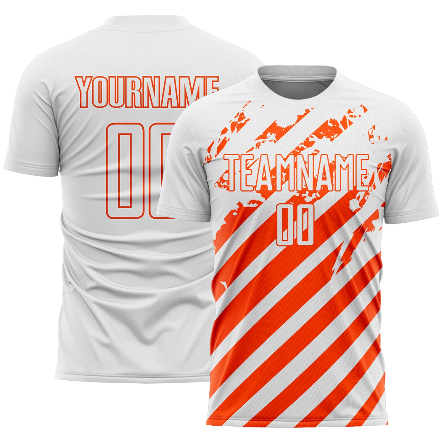 Custom White Orange Distressed Diagonal Stripe Pattern Sports Sublimation Soccer Uniform Jersey