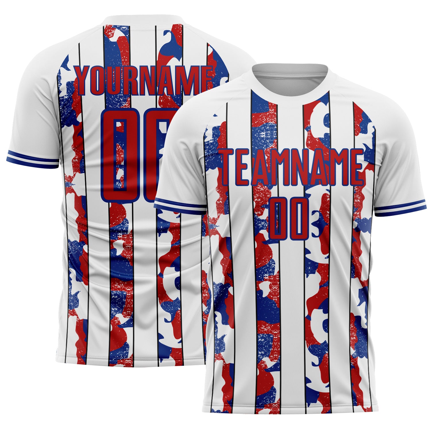 Custom White Red-Royal Camo Stripe Sports Sublimation Soccer Uniform Jersey