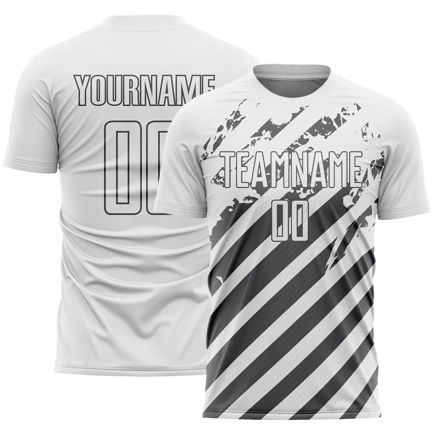 Custom White Steel Gray Distressed Diagonal Stripe Pattern Sports Sublimation Soccer Uniform Jersey