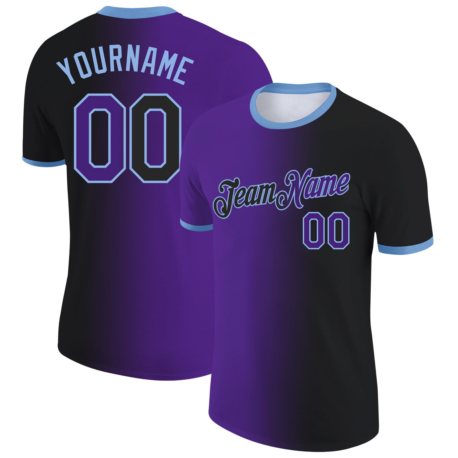 Custom Black Purple-Light Blue Gradient Fashion Performance T-Shirt