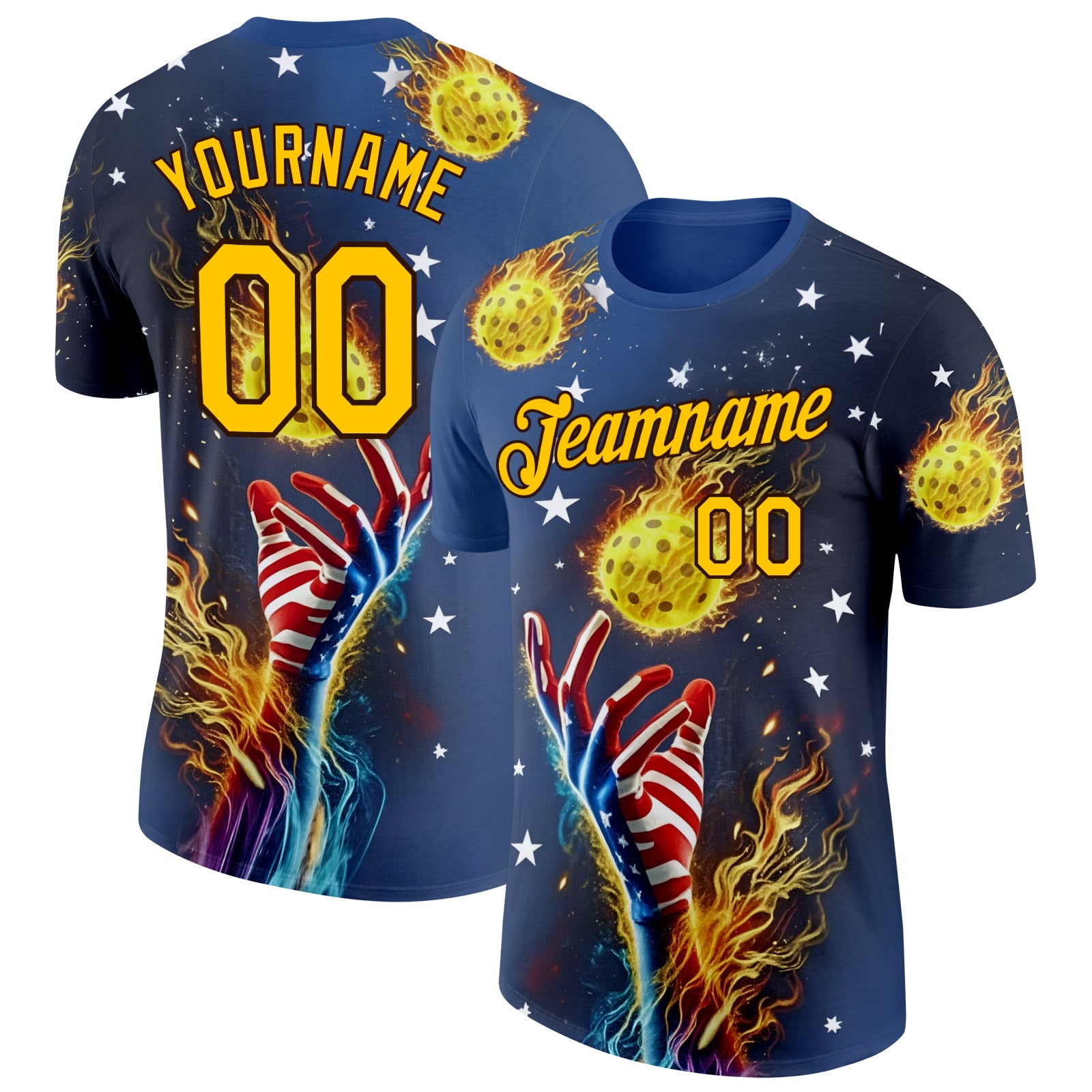 Custom Blue Yellow-Brown 3D Pickleball Balls American Flag Meteor Performance T-Shirt