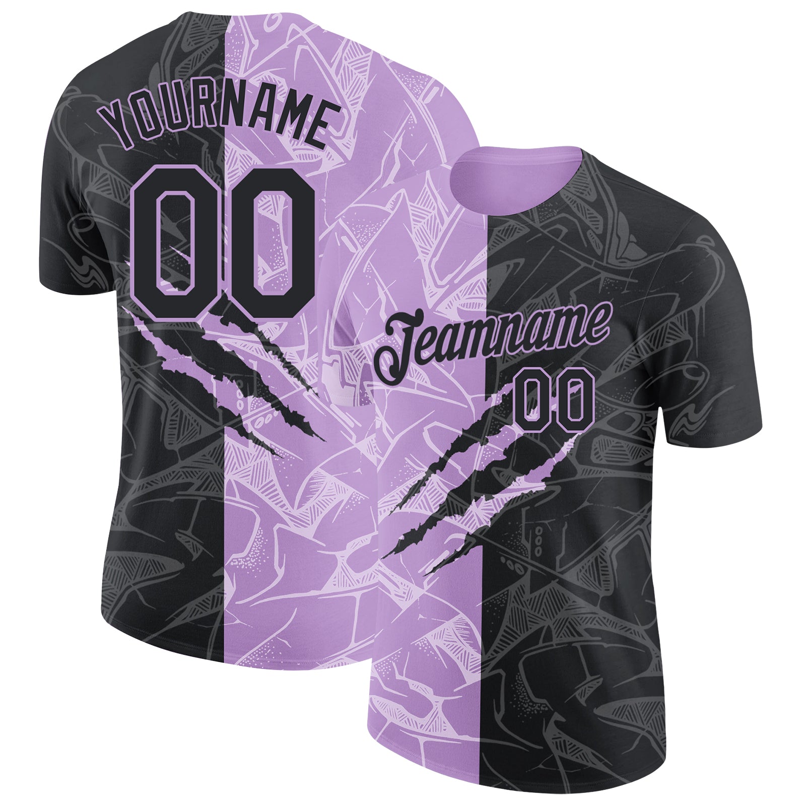 Custom Graffiti Pattern Black-Light Purple Scratch 3D Performance T-Shirt