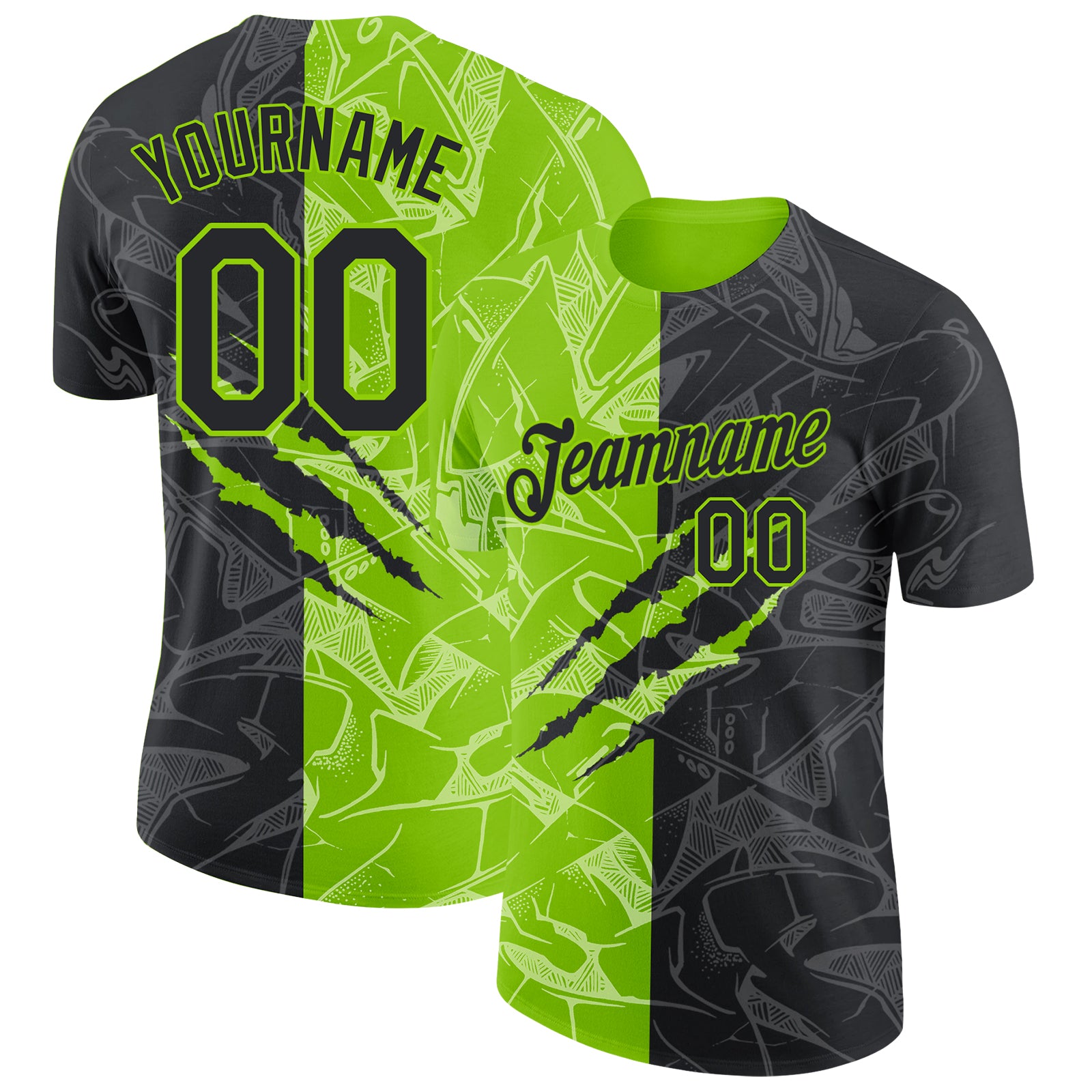 Custom Graffiti Pattern Black-Neon Green Scratch 3D Performance T-Shirt