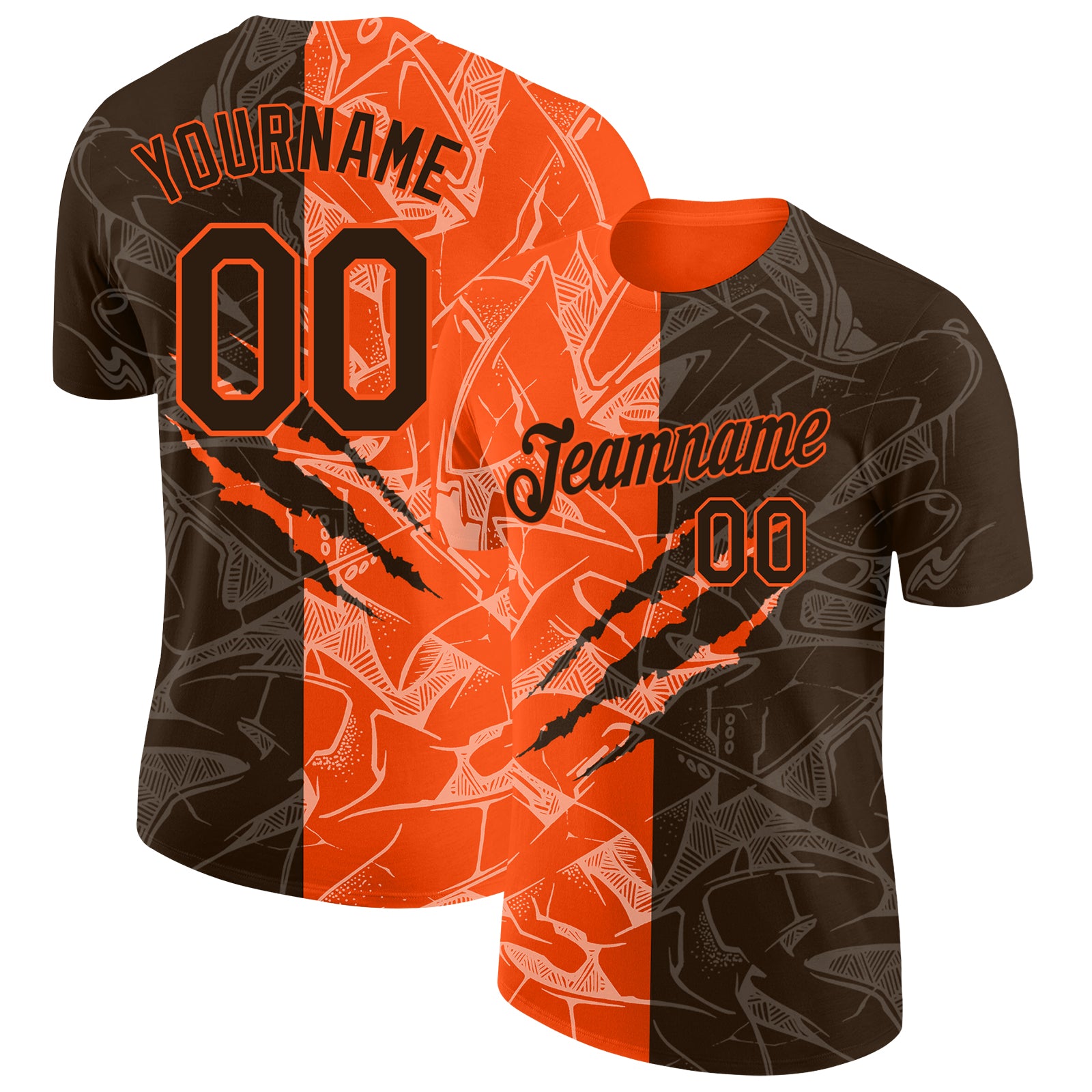 Custom Graffiti Pattern Brown-Orange Scratch 3D Performance T-Shirt