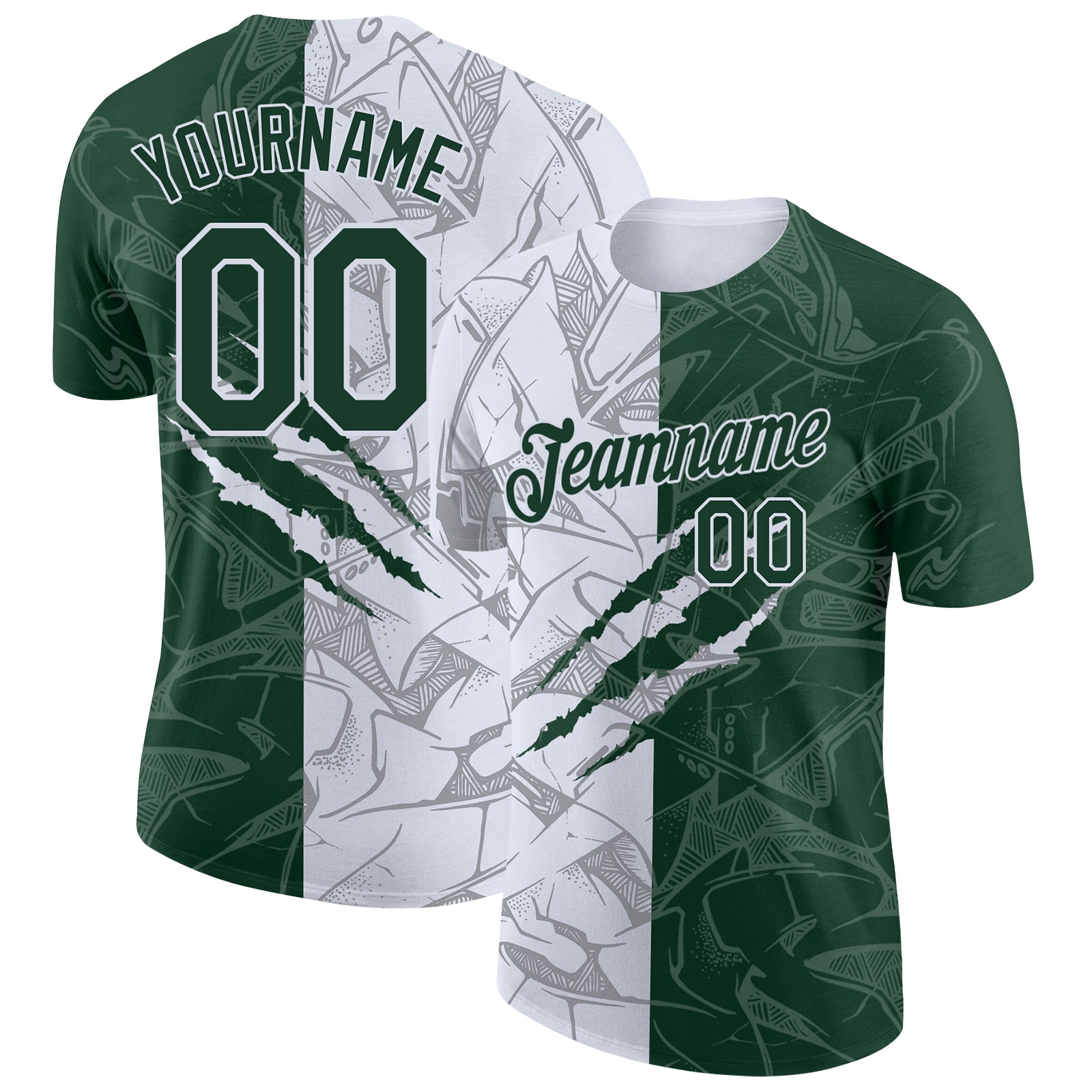 Custom Graffiti Pattern Green-White Scratch 3D Performance T-Shirt