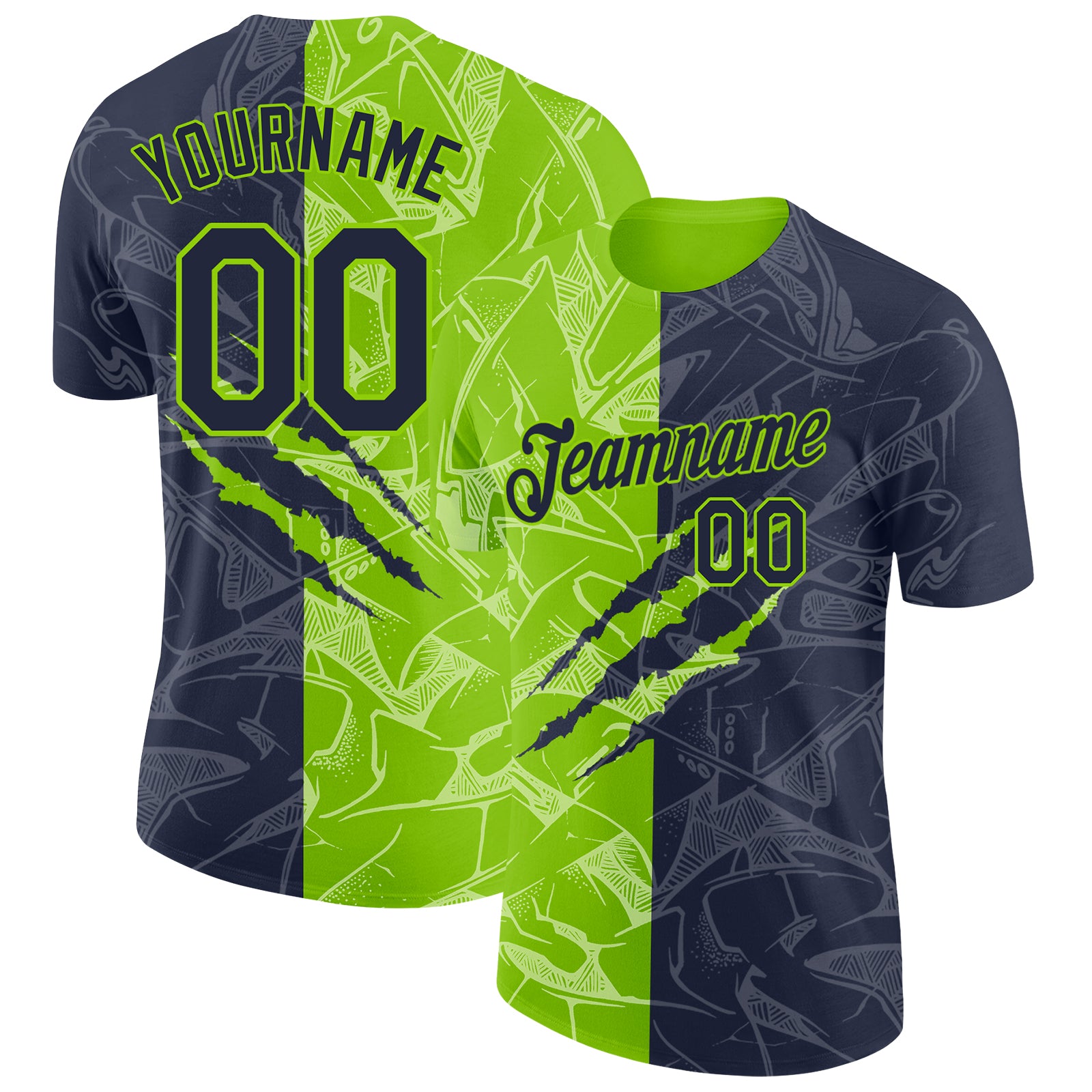 Custom Graffiti Pattern Navy-Neon Green Scratch 3D Performance T-Shirt