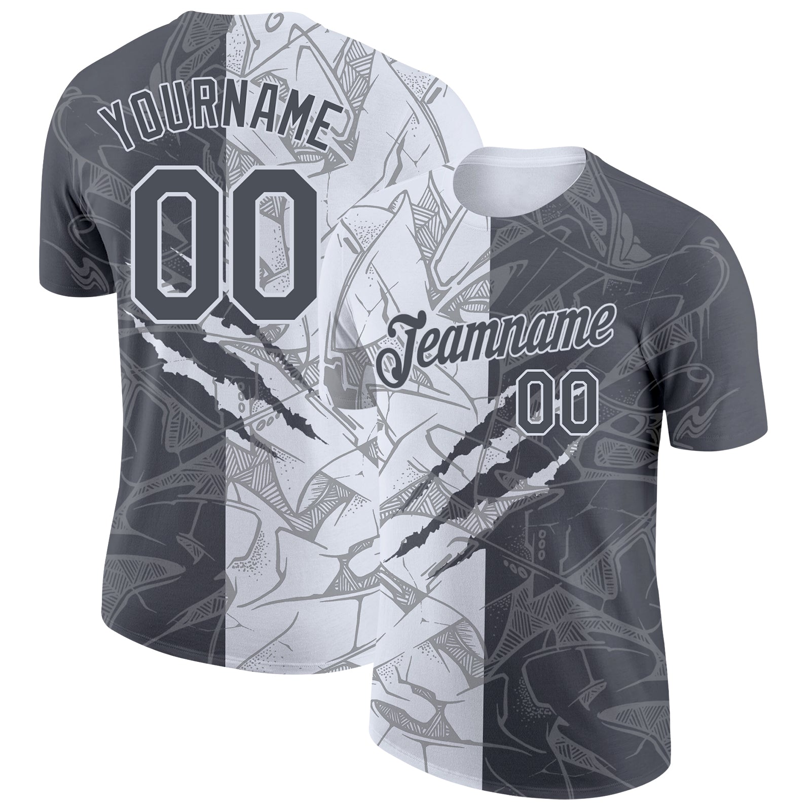 Custom Graffiti Pattern Steel Gray-White Scratch 3D Performance T-Shirt