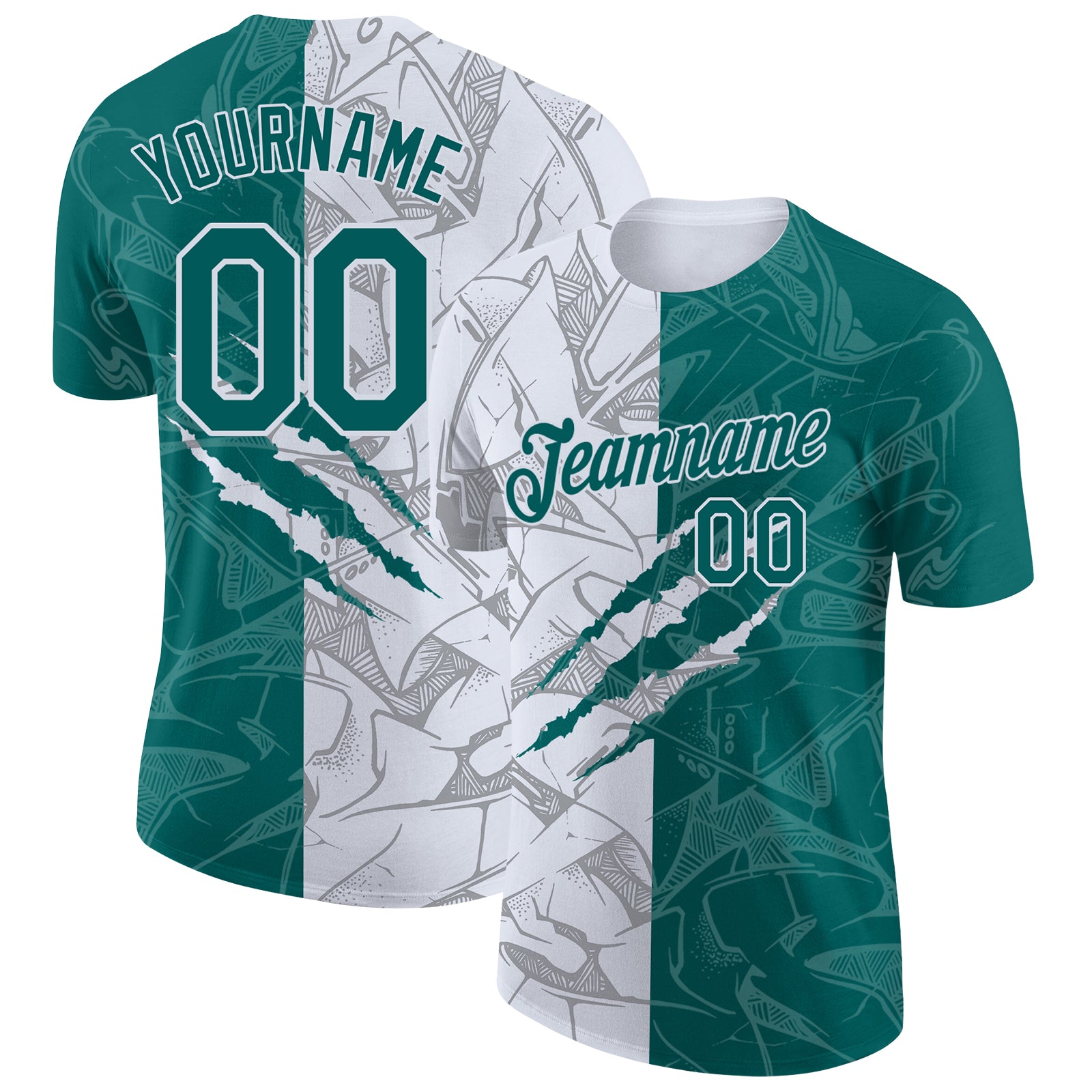 Custom Graffiti Pattern Teal-White Scratch 3D Performance T-Shirt