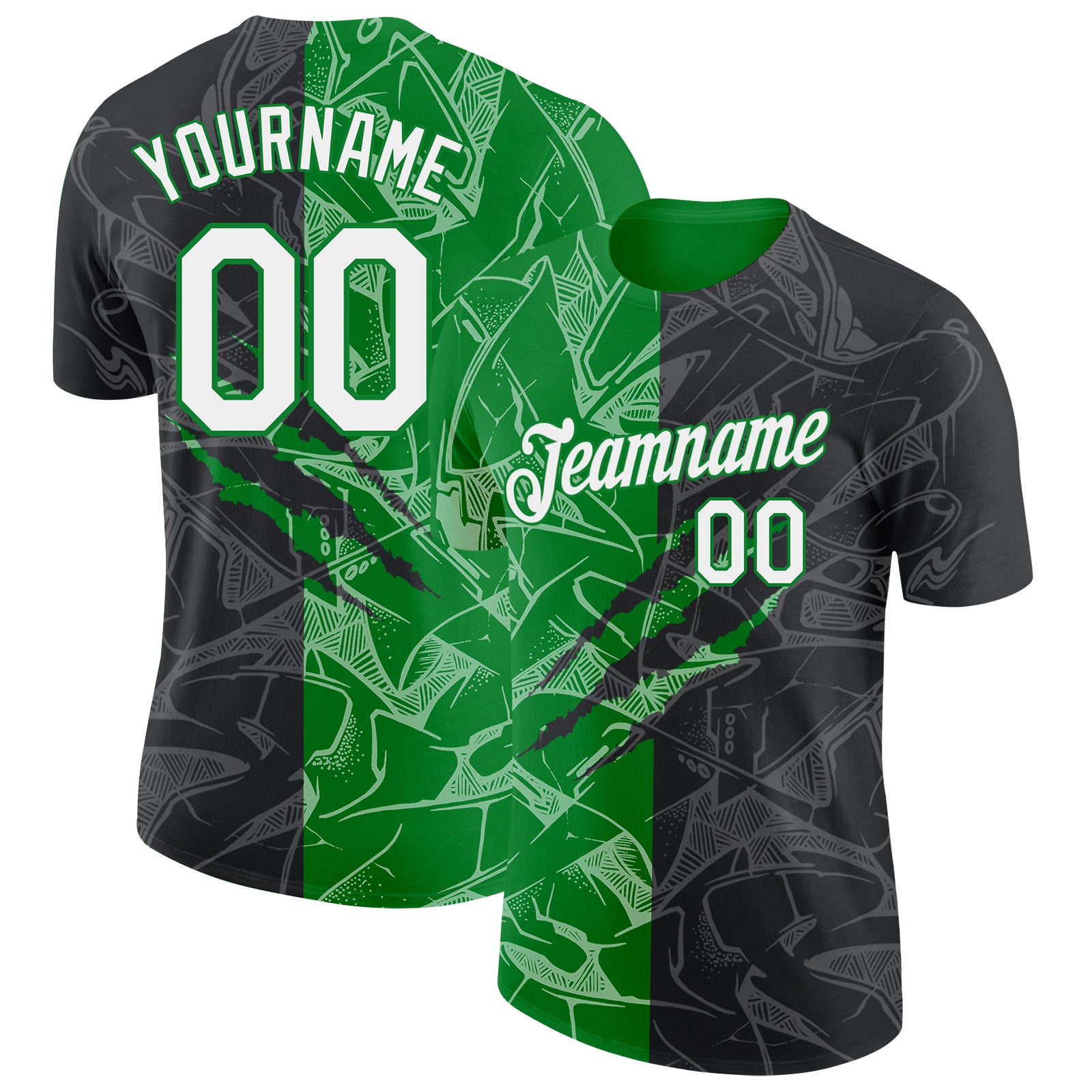 Custom Graffiti Pattern White Black-Grass Green Scratch 3D Performance T-Shirt