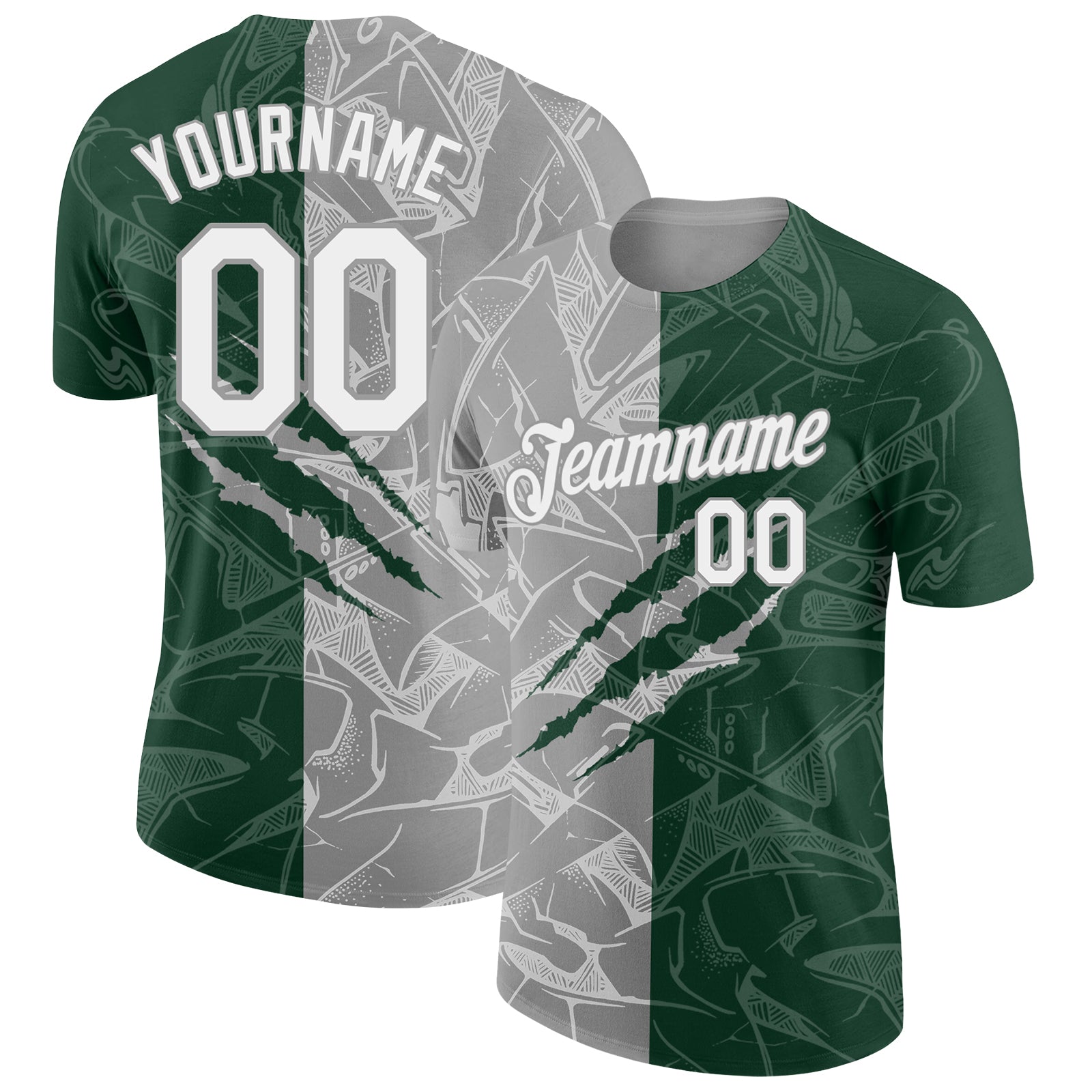 Custom Graffiti Pattern White Green-Gray Scratch 3D Performance T-Shirt