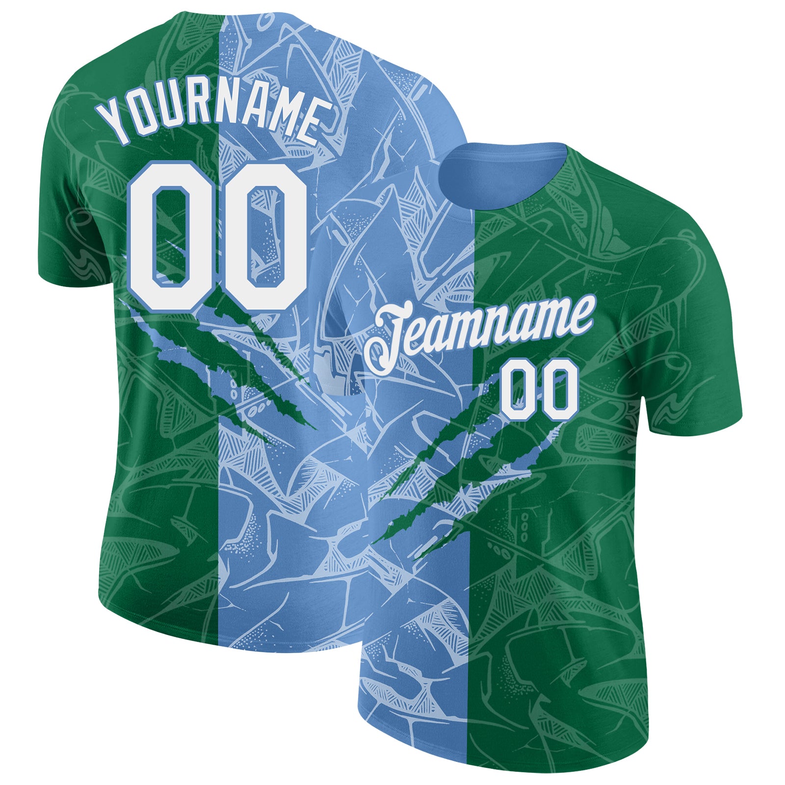 Custom Graffiti Pattern White Kelly Green-Light Blue Scratch 3D Performance T-Shirt