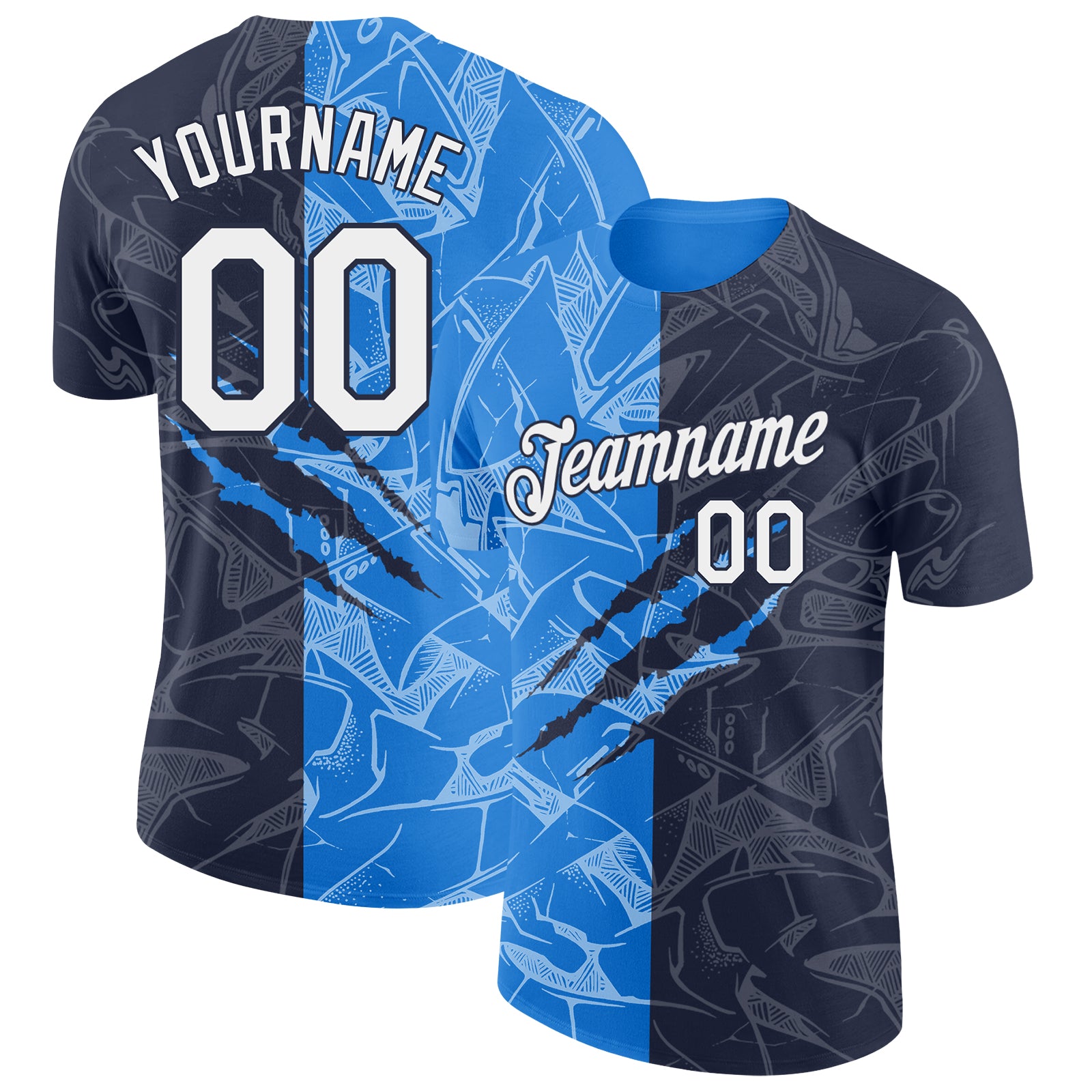 Custom Graffiti Pattern White Navy-Powder Blue Scratch 3D Performance T-Shirt