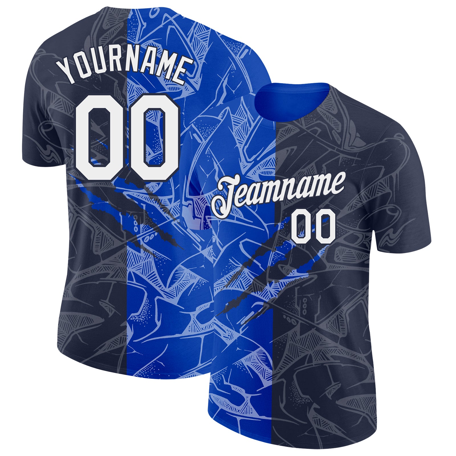 Custom Graffiti Pattern White Navy-Thunder Blue Scratch 3D Performance T-Shirt