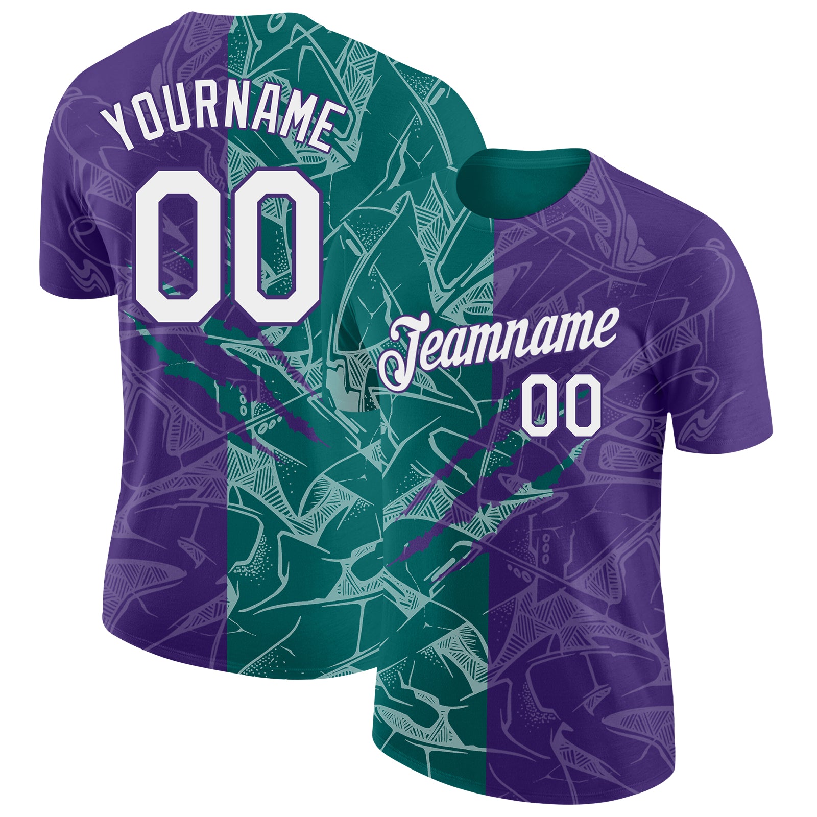 Custom Graffiti Pattern White Purple-Teal Scratch 3D Performance T-Shirt