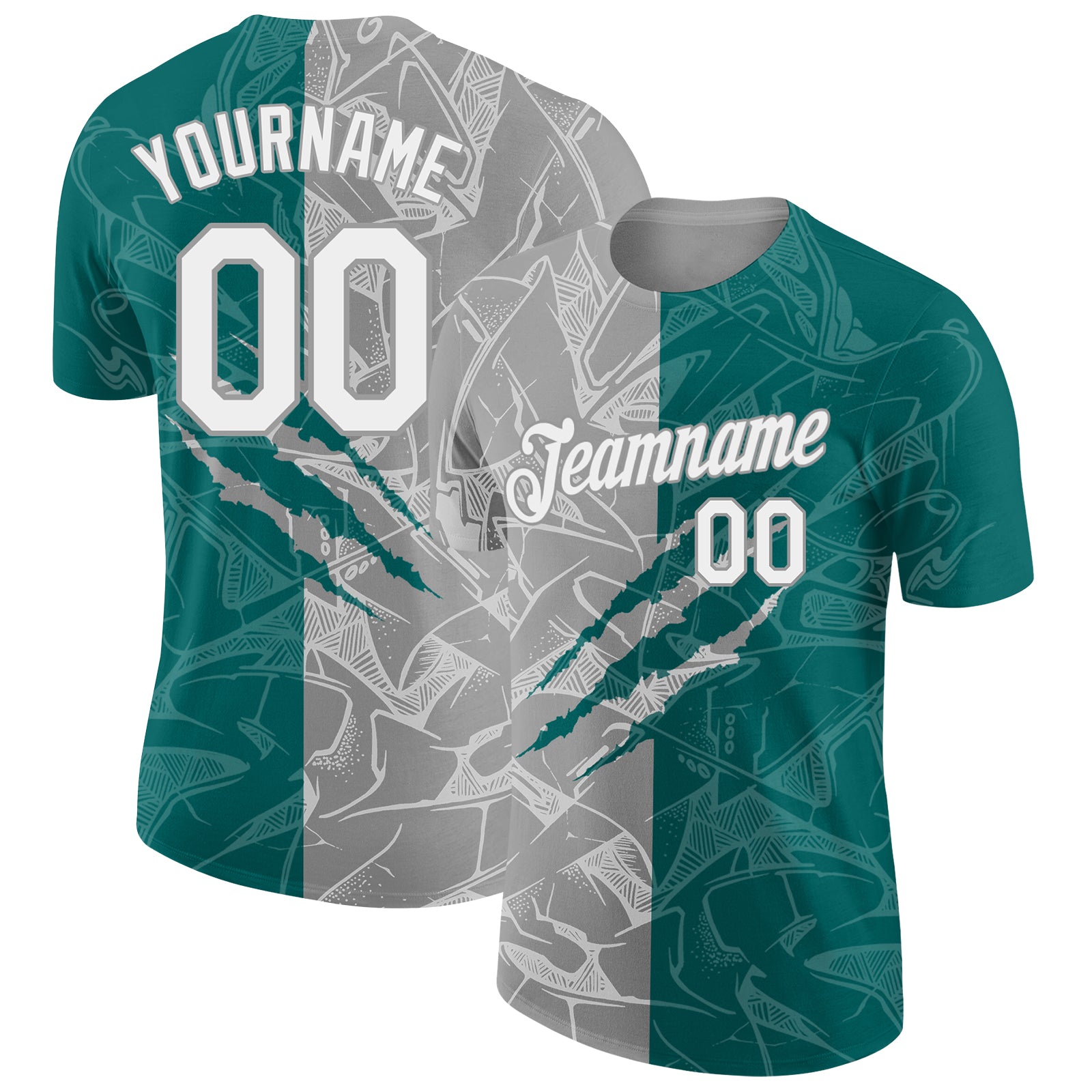 Custom Graffiti Pattern White Teal-Gray Scratch 3D Performance T-Shirt