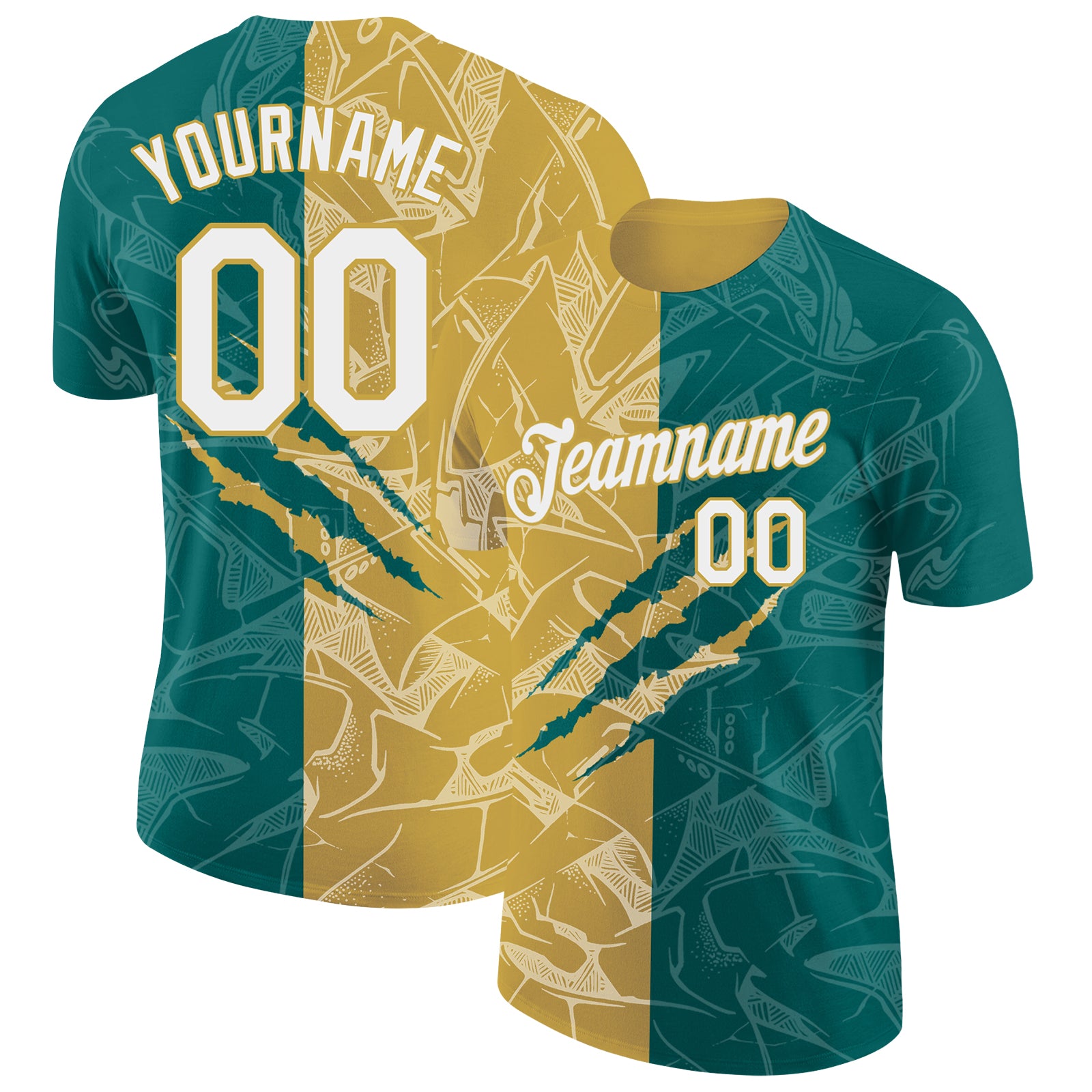 Custom Graffiti Pattern White Teal-Old Gold Scratch 3D Performance T-Shirt