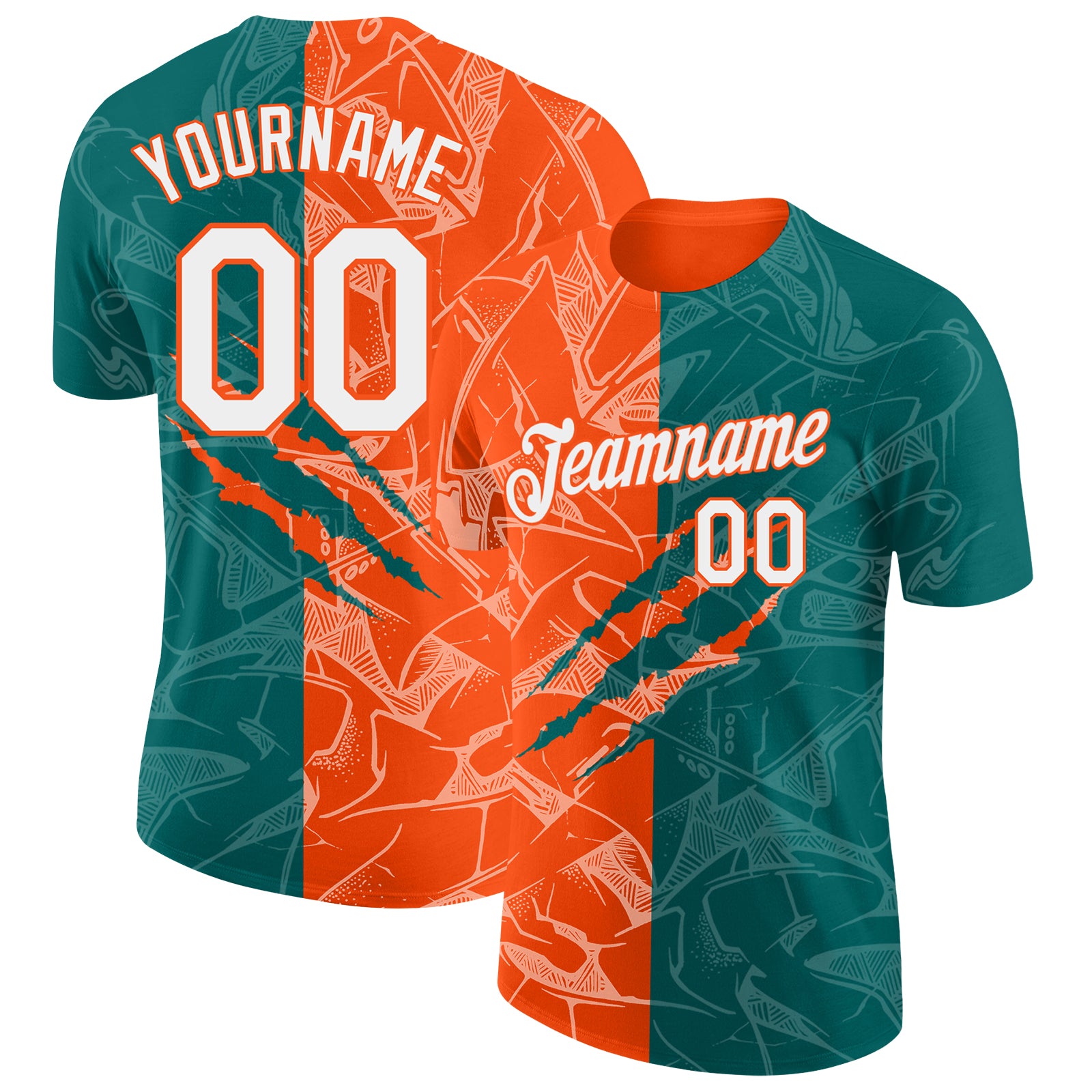 Custom Graffiti Pattern White Teal-Orange Scratch 3D Performance T-Shirt