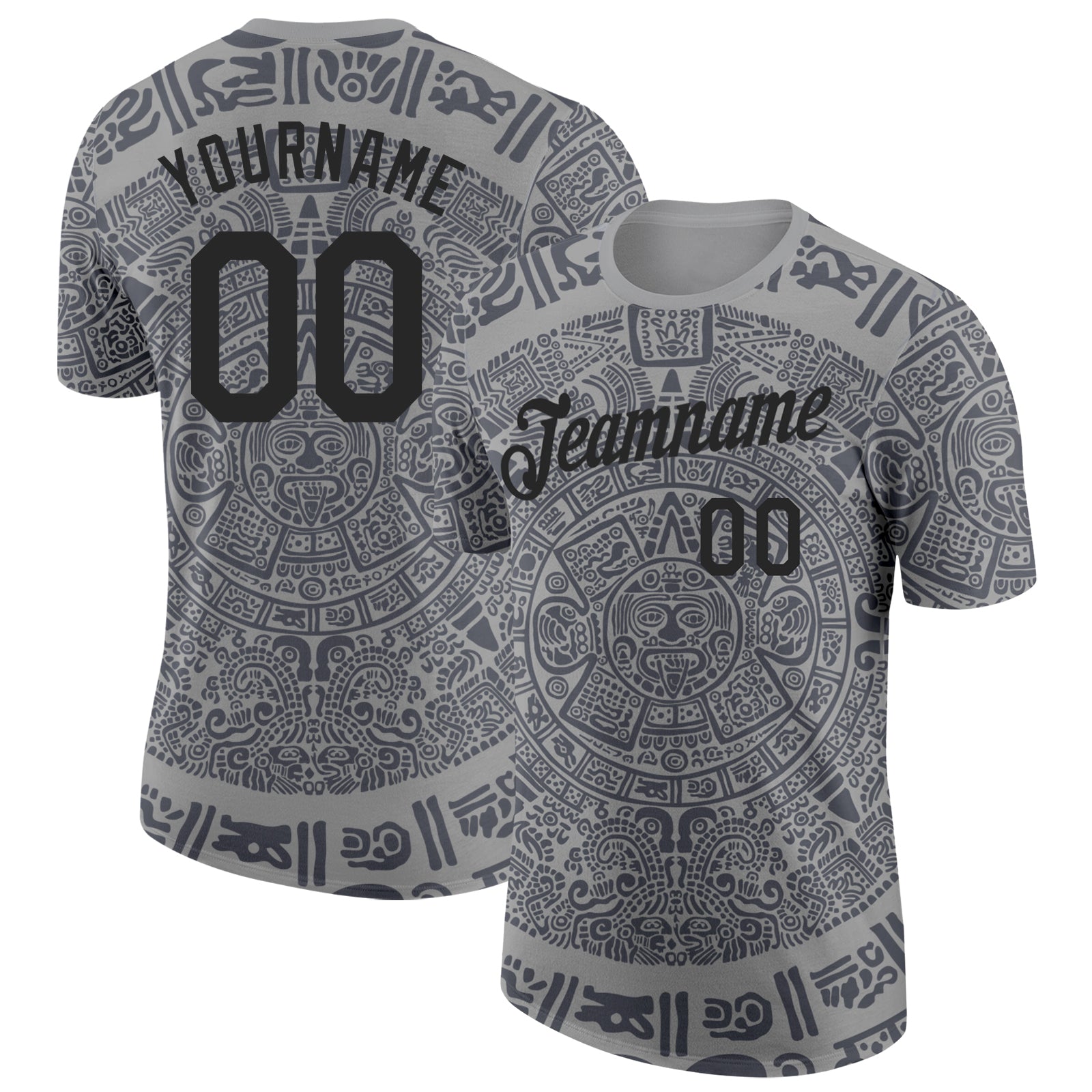 Custom Gray-Black Tribal Ethnic Aztec Sun Stone 3D Pattern Performance T-Shirt