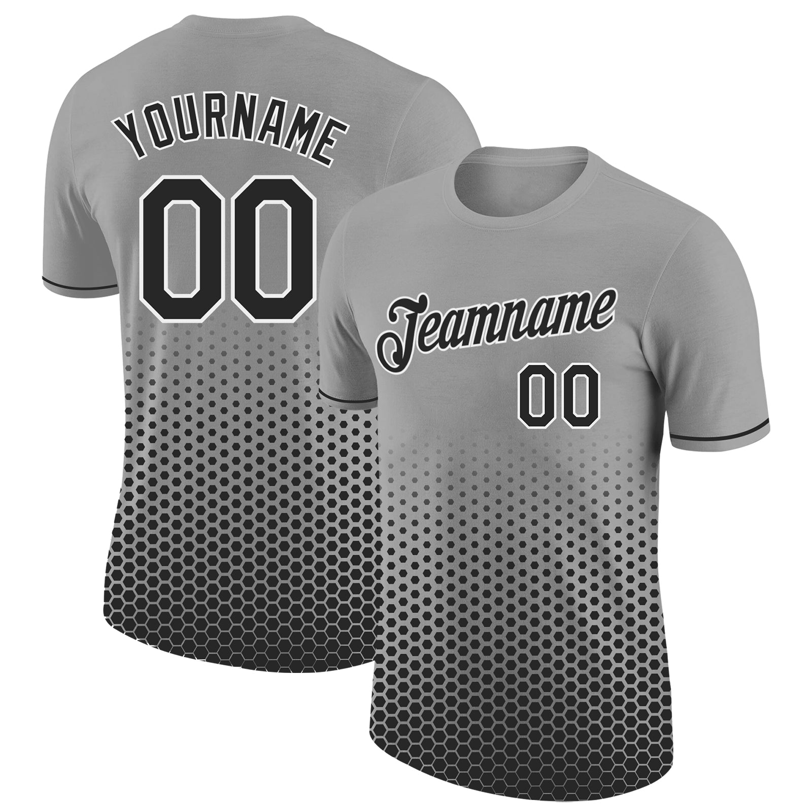 Custom Gray Black-White Geometric Hexagonal Dot Gradient Performance T-Shirt