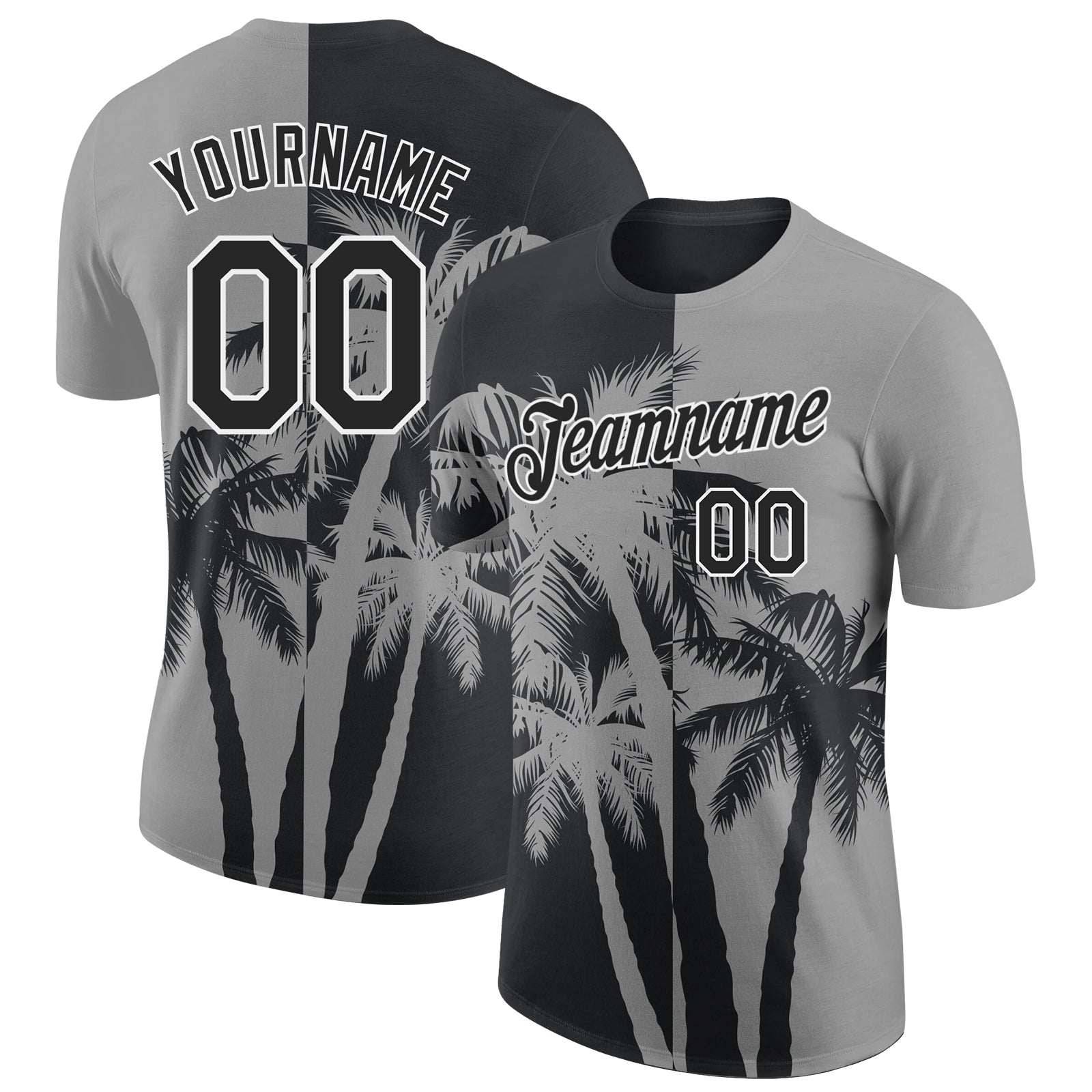 Custom Gray Black-White Hawaii Tropical Coastal Palm Trees Performance T-Shirt