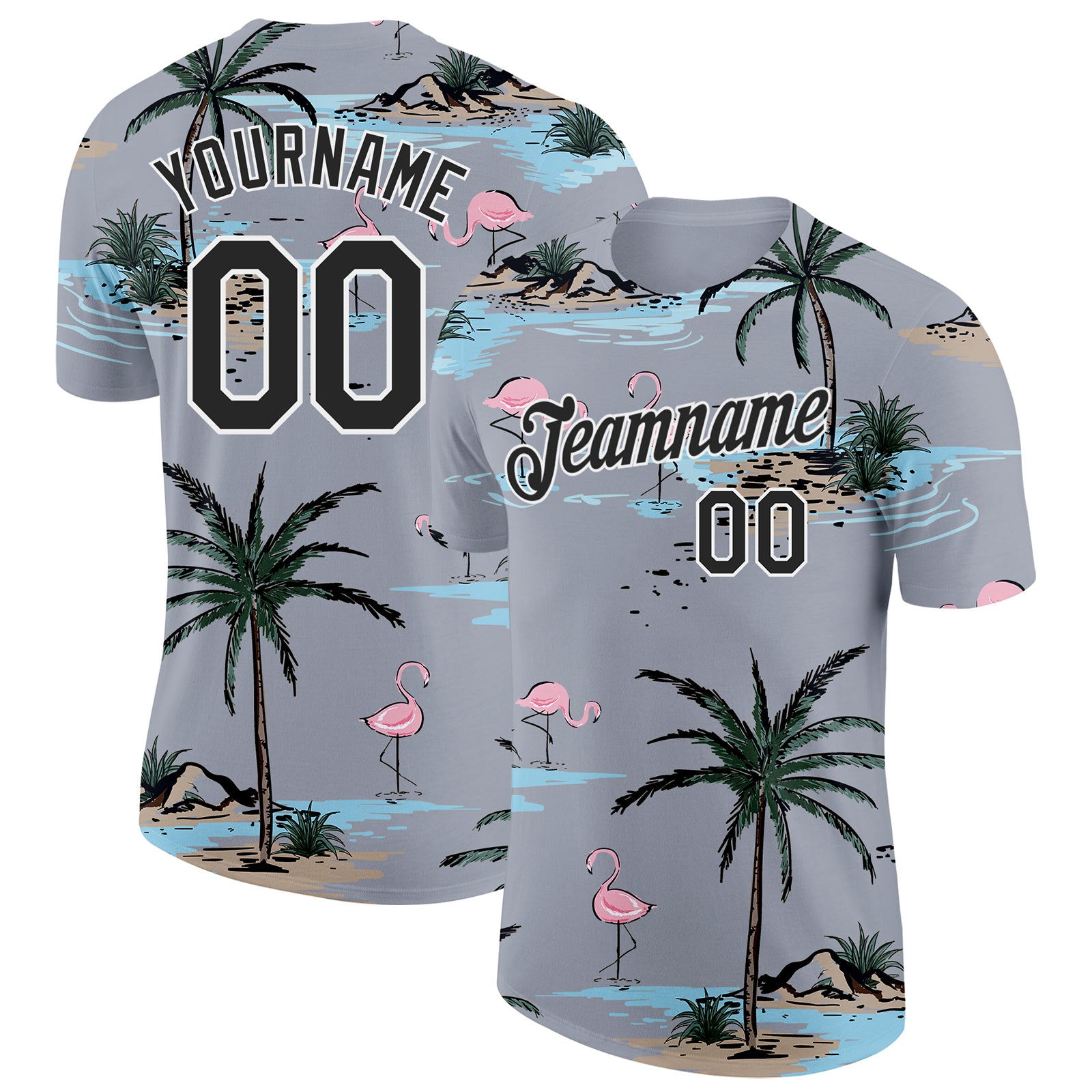 Custom Gray Black-White Tropical Hawaii Palm Trees Summer Beach Flamingo Performance T-Shirt