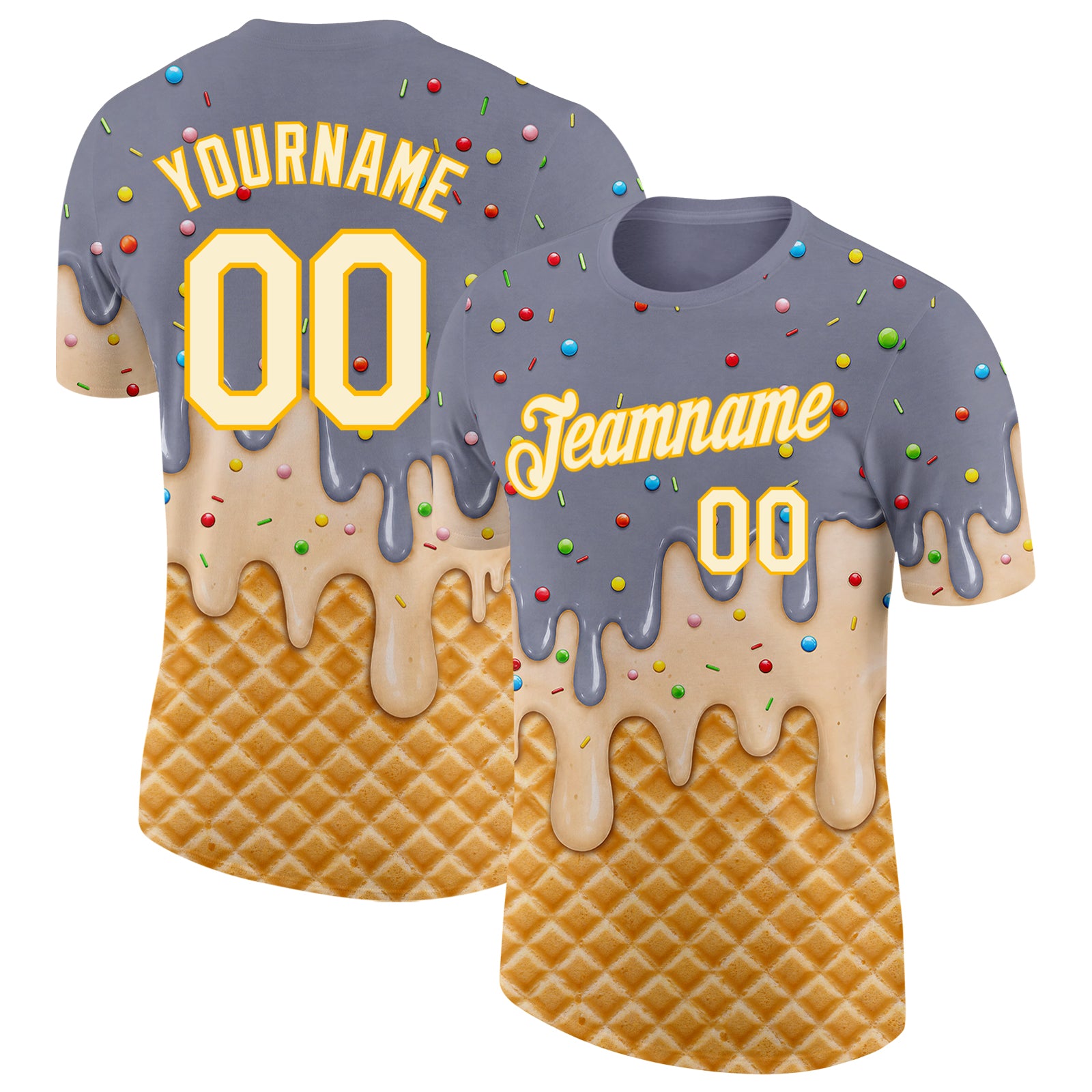 Custom Gray Cream-Gold Ice Cream Waffle Foodie Dessert Performance T-Shirt