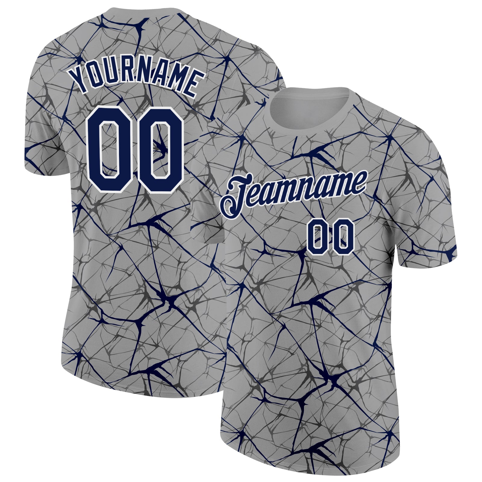 Custom Gray Navy-White Abstract Network Crackle Performance T-Shirt