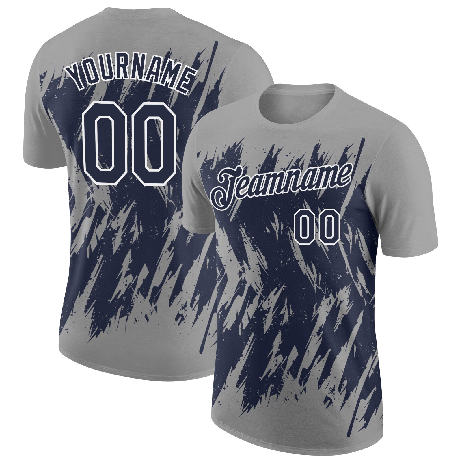 Custom Gray Navy-White Torn Sharp Brush Stroke Splatter Performance T-Shirt