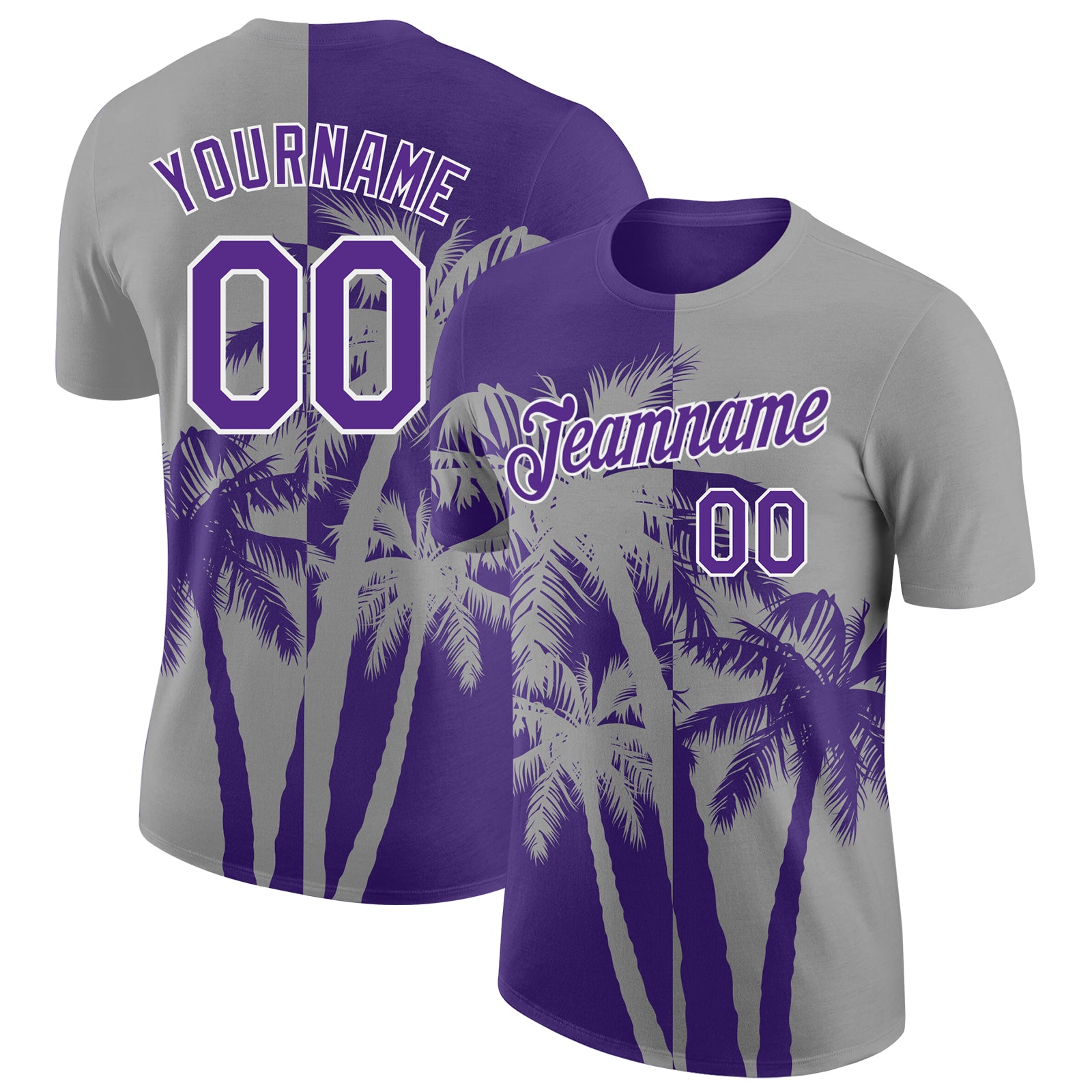 Custom Gray Purple-White Hawaii Tropical Coastal Palm Trees Performance T-Shirt
